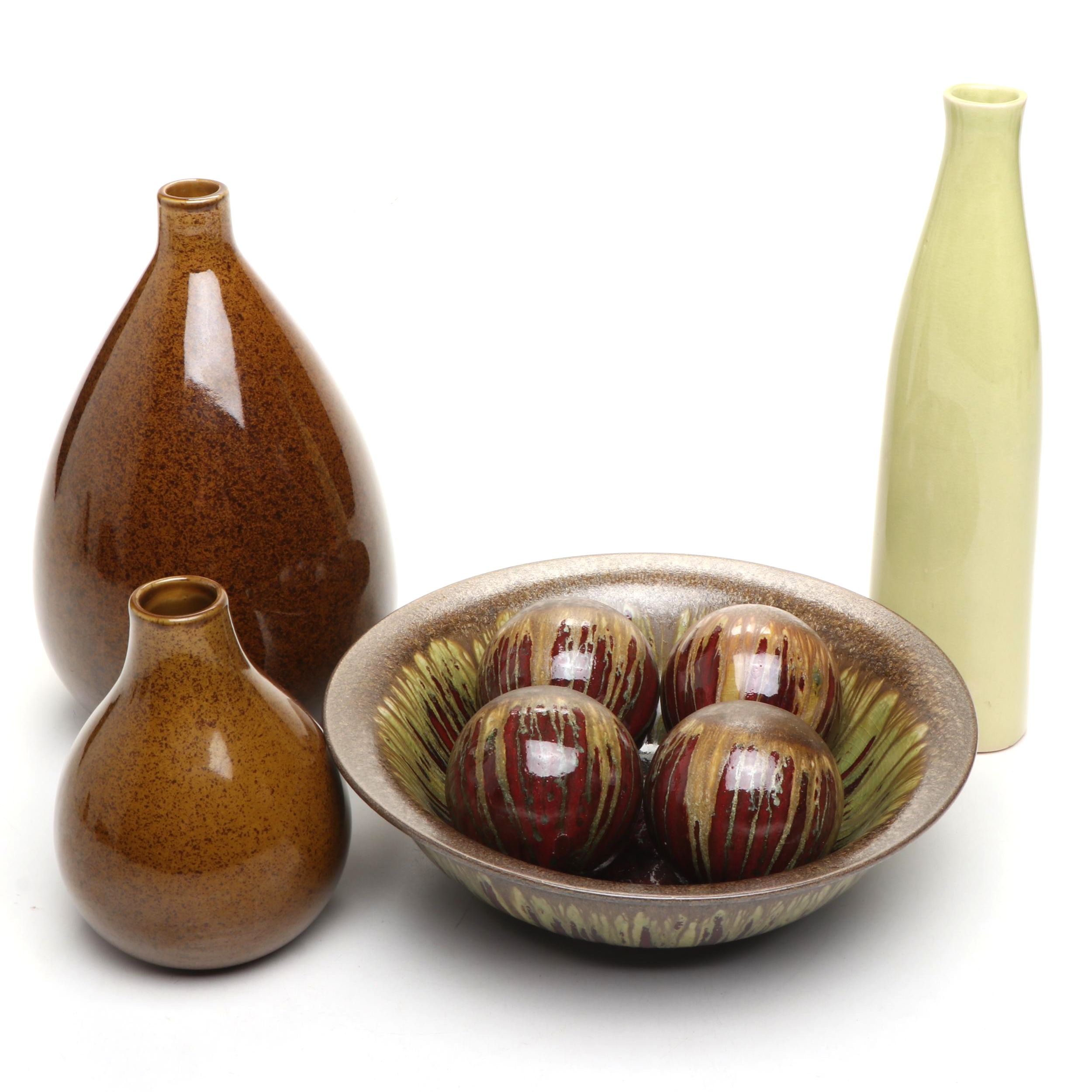 Salt Glazed Stoneware Bowl and Spherical Figures with Ceramic Vases