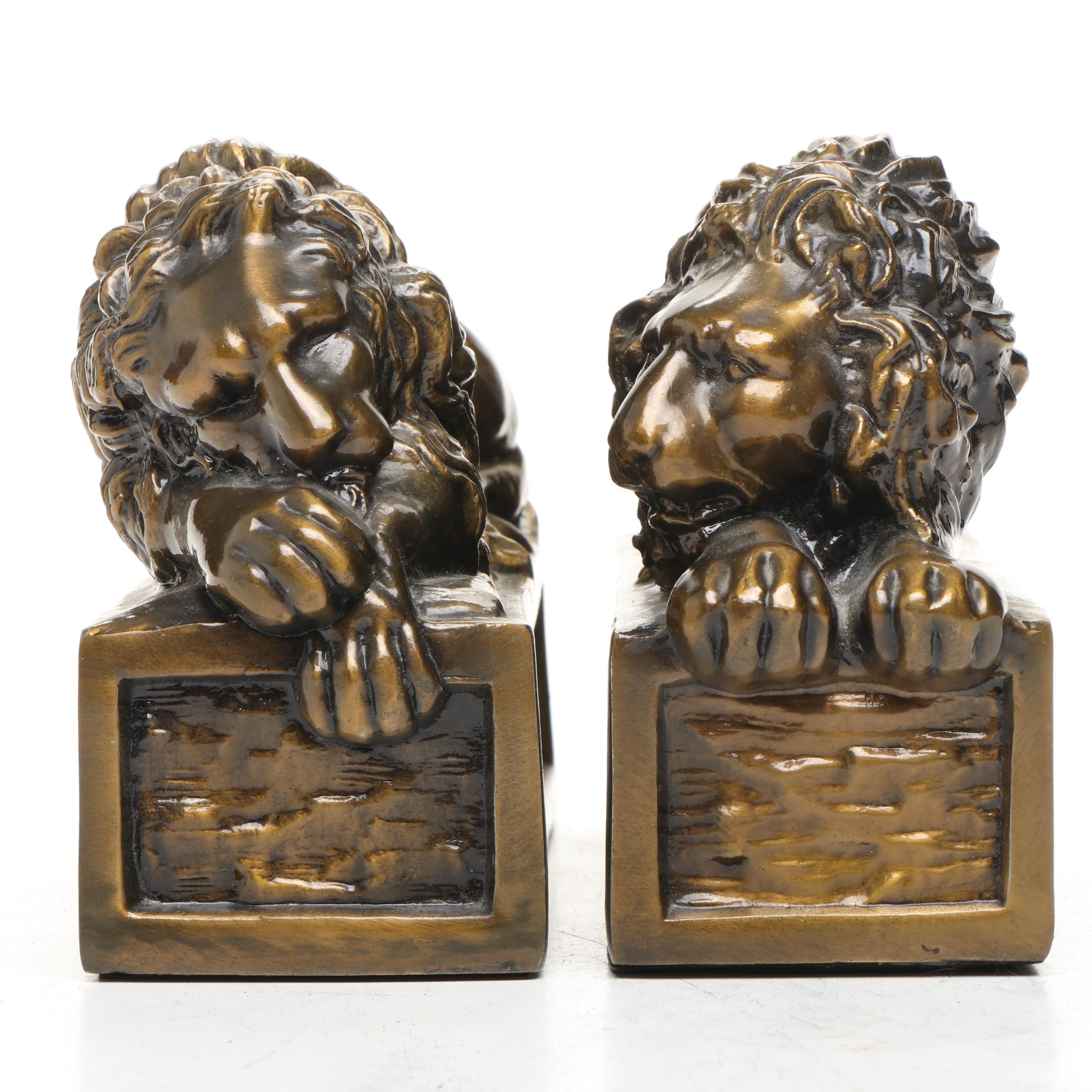 Bronzed Metal Recumbent Lion Bookends