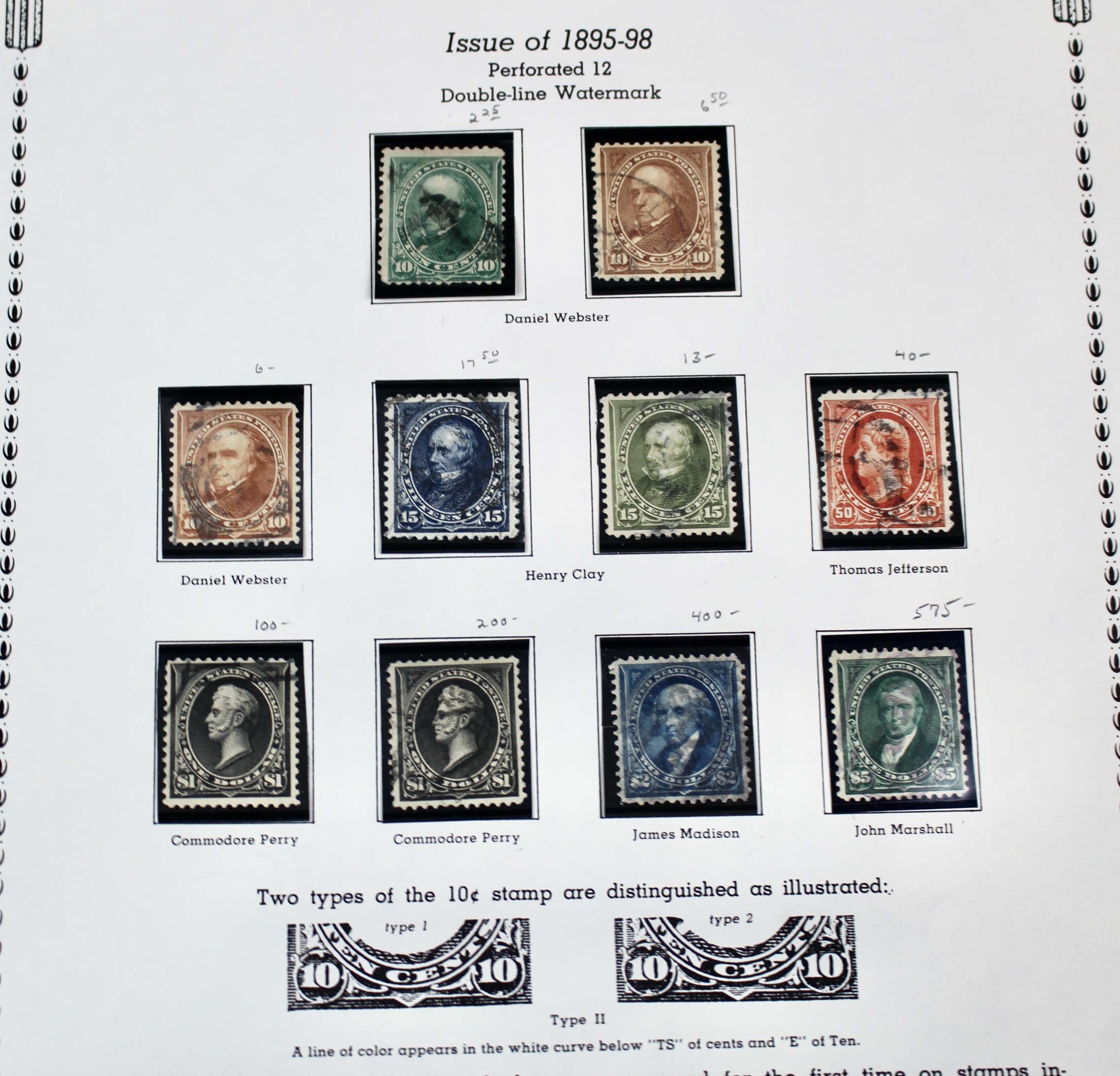 Ten Used U.S. Postage Stamps, Including Four High Value, 1895 to 1898