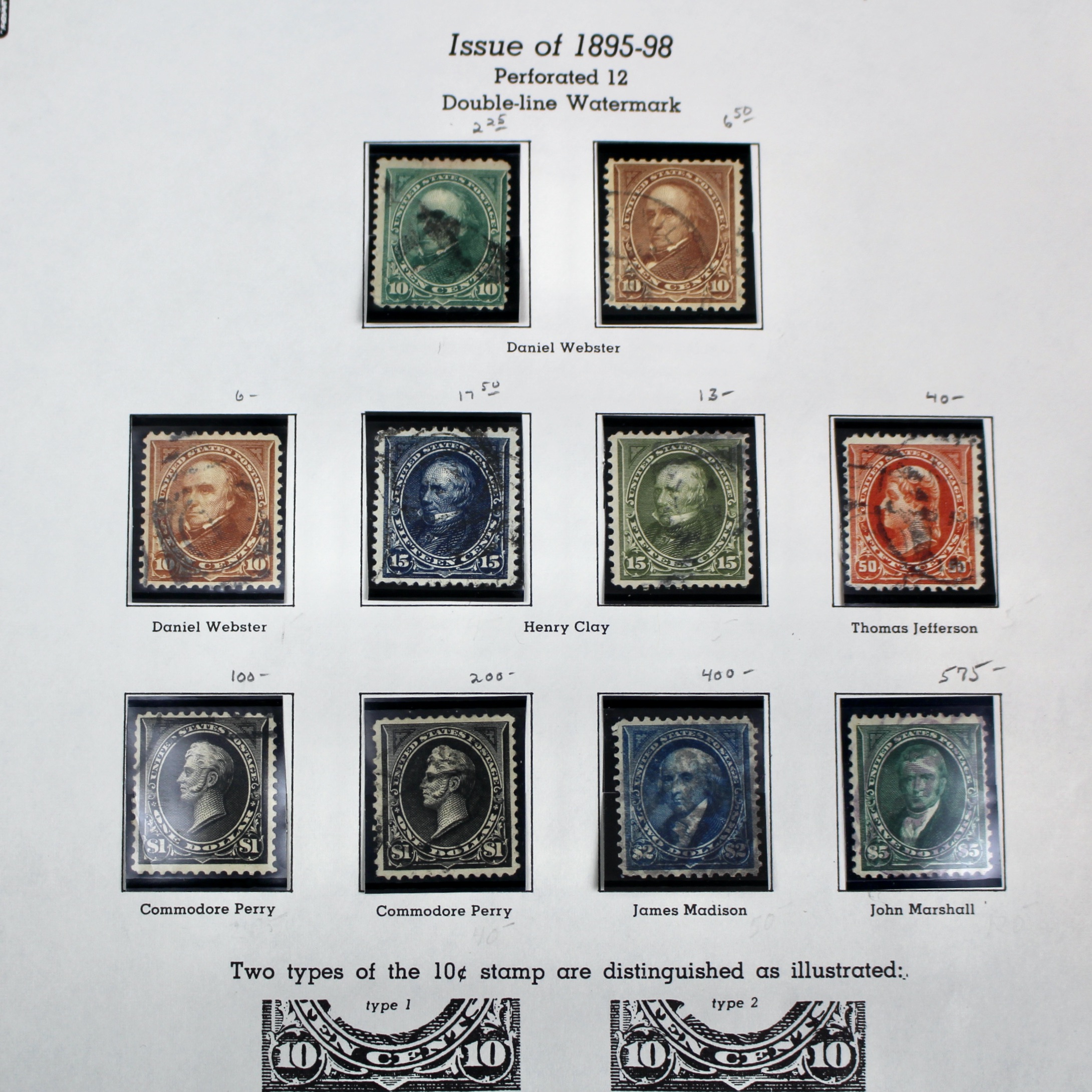 Ten Used U.S. Postage Stamps, Including Four High Value, 1895 to 1898