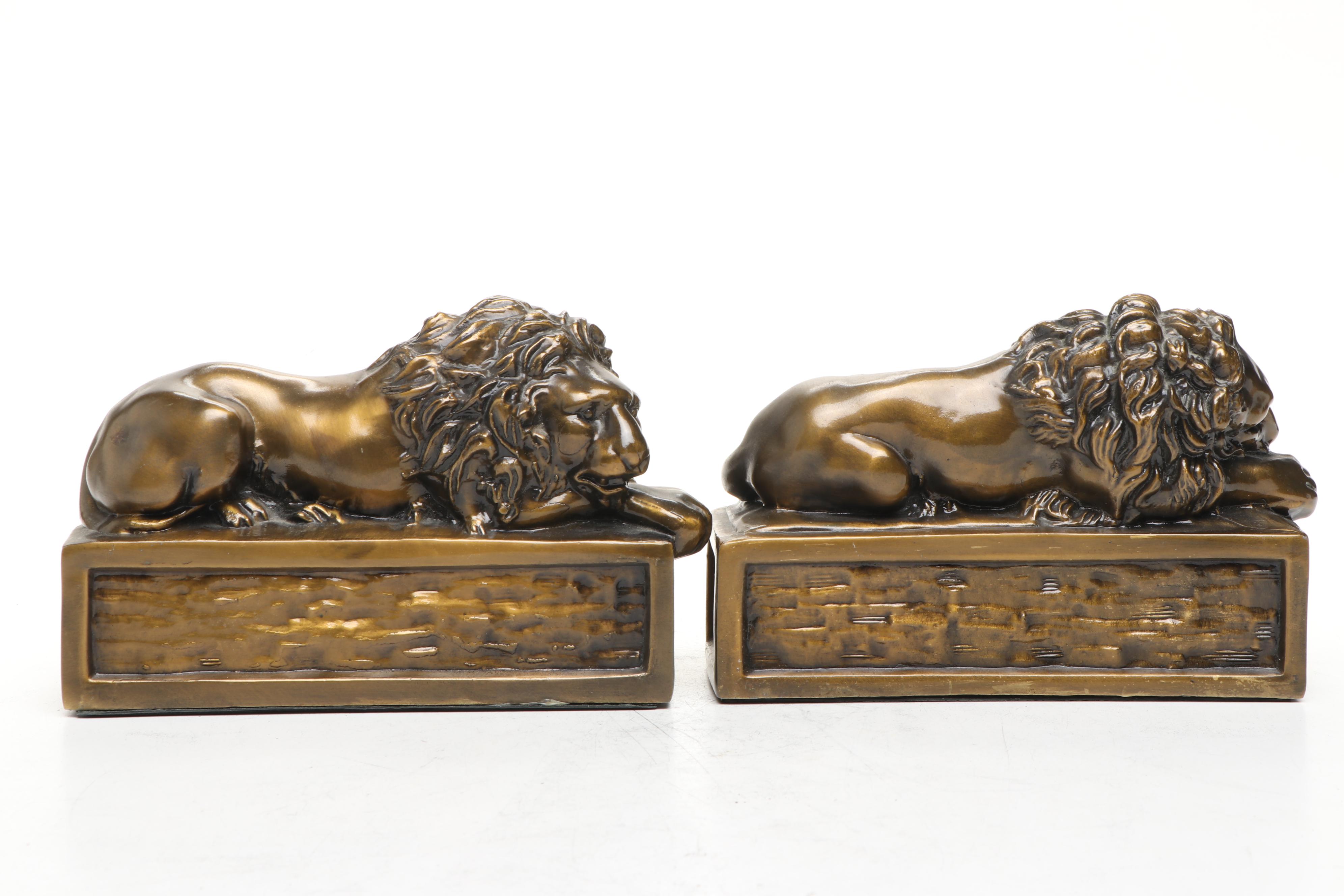 Bronzed Metal Recumbent Lion Bookends