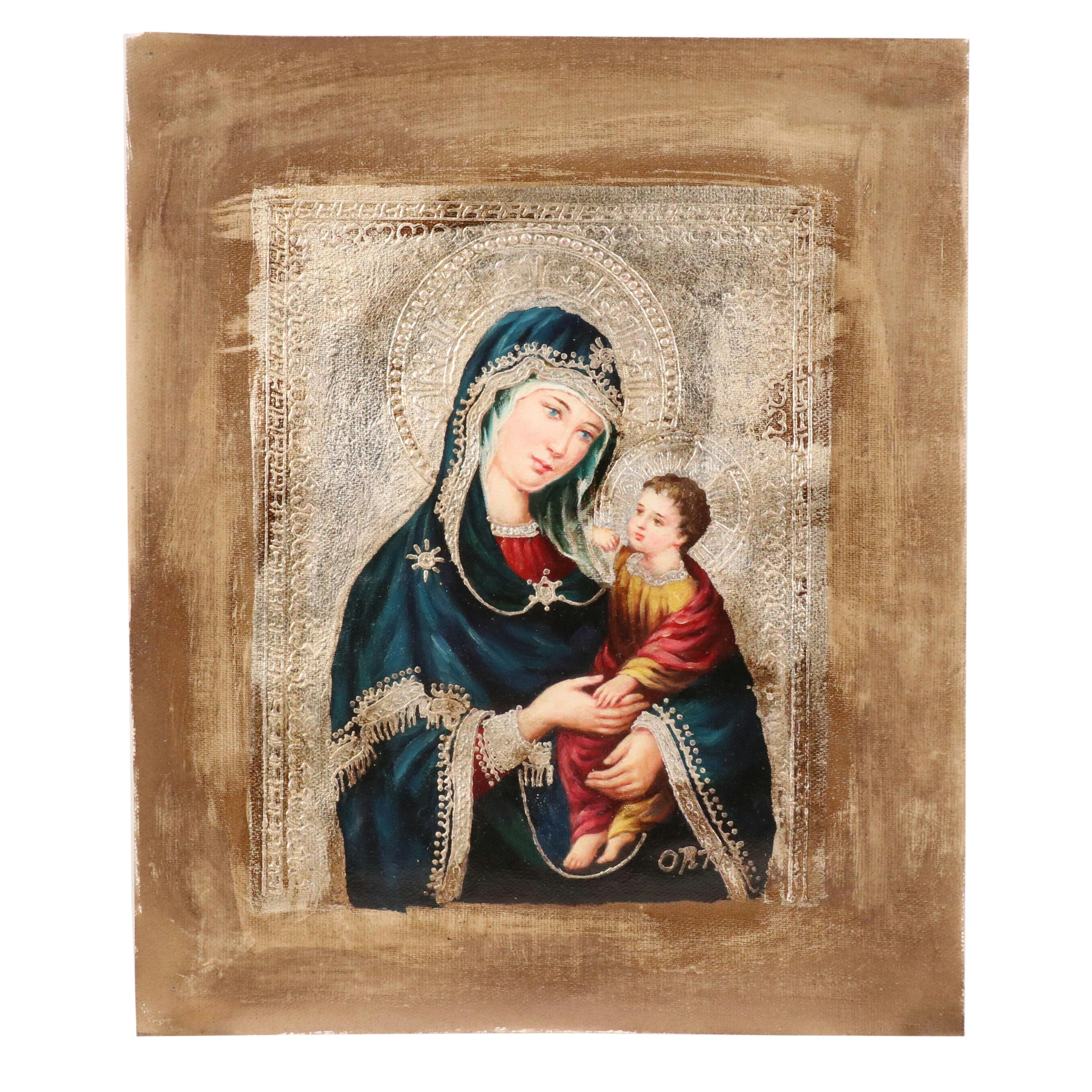 Ortiz Oil Painting of Madonna and Child with Embossing Style Details, 21st C.