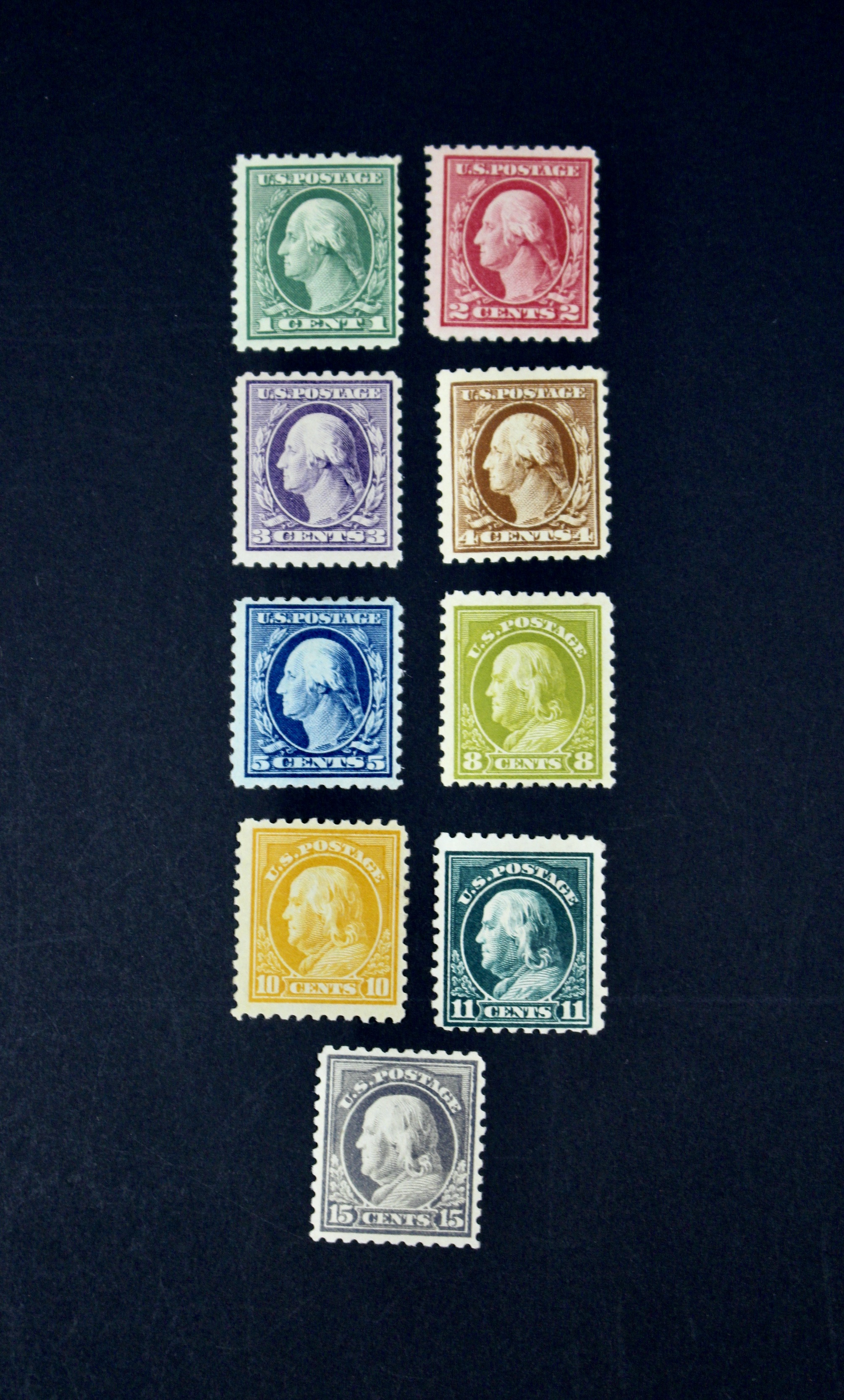 Nine Mint Condition Regular Issue U.S. Stamps, 1916