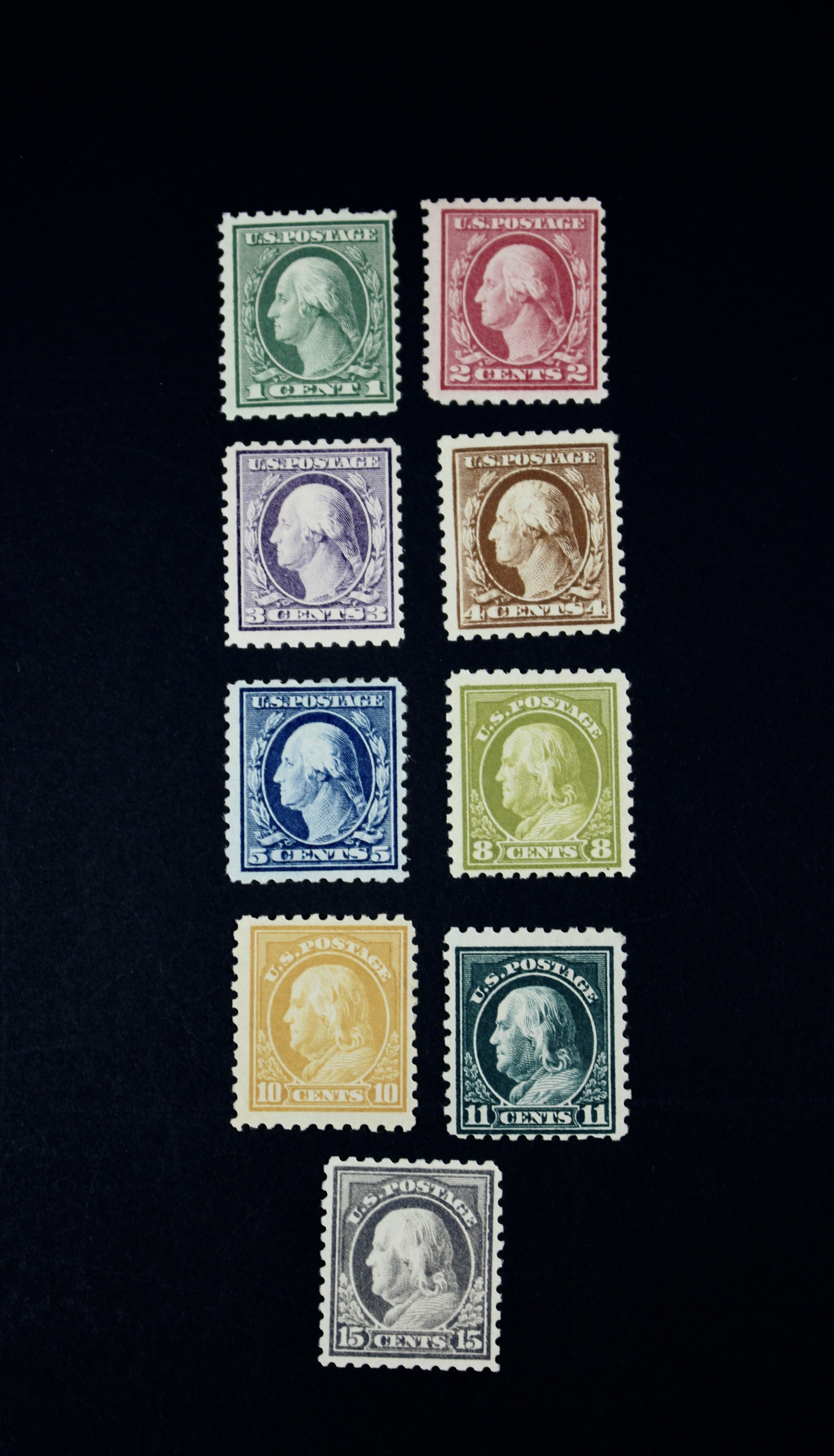 Nine Mint Condition Regular Issue U.S. Stamps, 1916