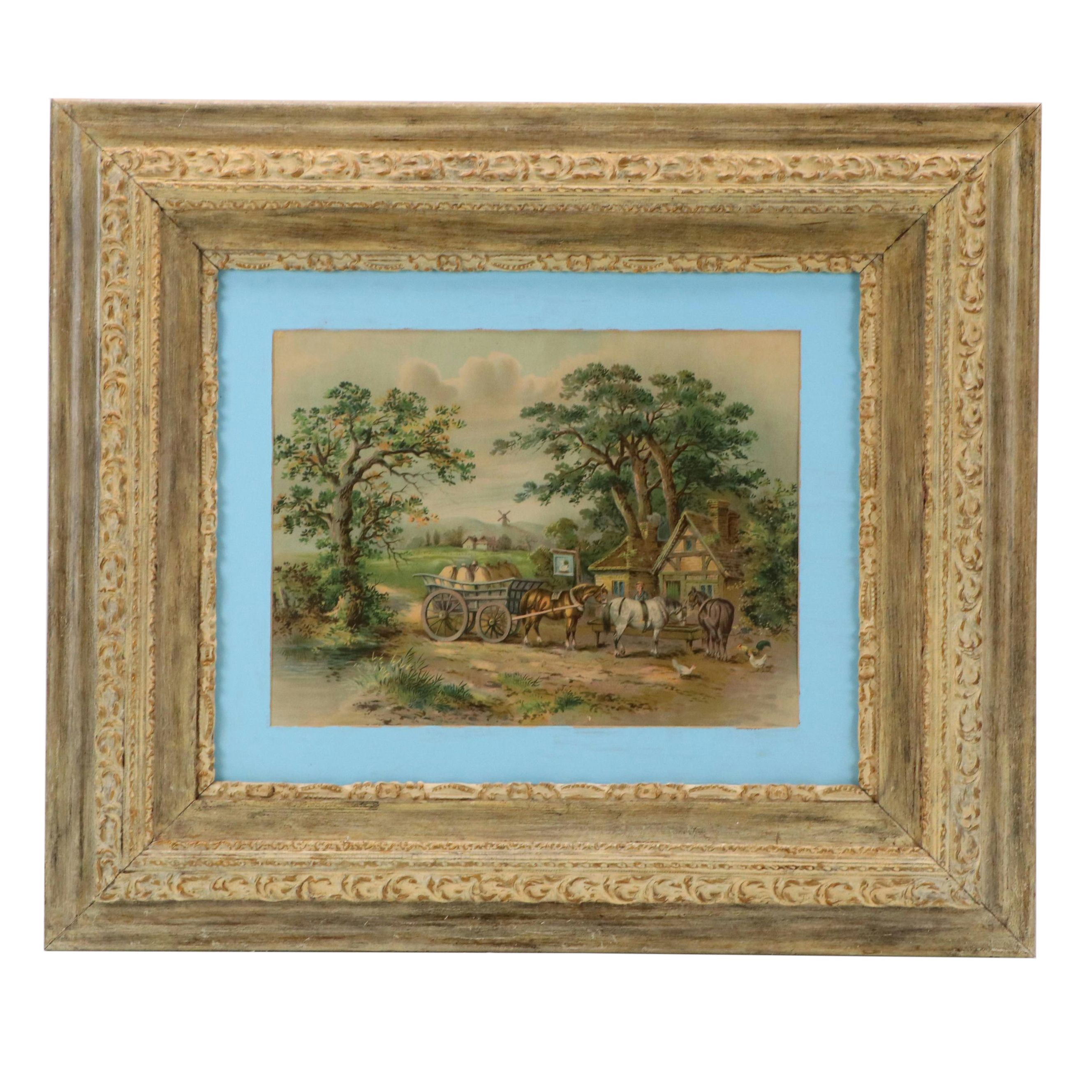 Scenic Lithograph with Inn "Heckfield, Hampshire," Late 19th Century