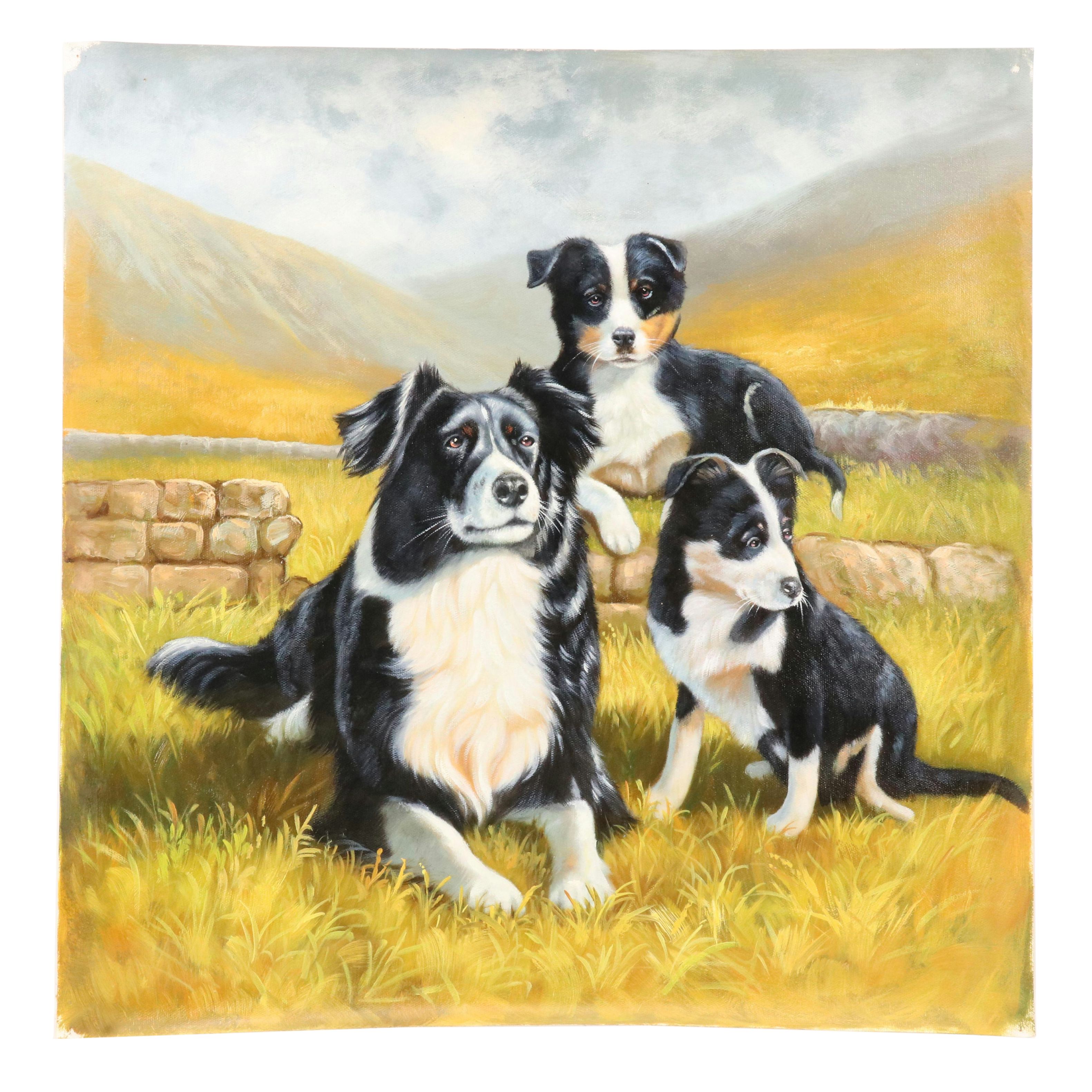 Castello Oil Painting of Border Collies After John Trickett, 21st Century