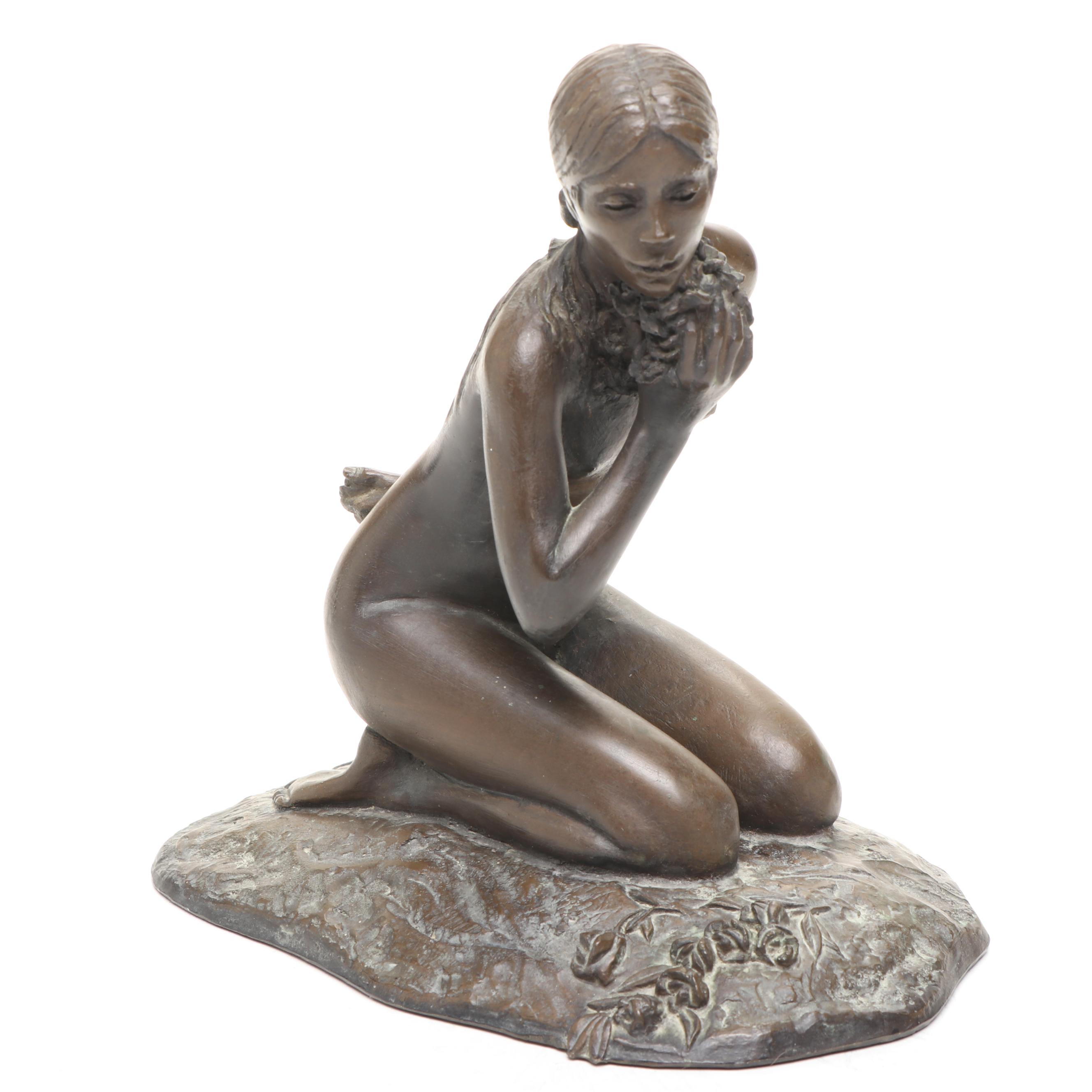 M. Stelzer for Franklin Mint "Kneeling Nude" Bronze Sculpture, 1980