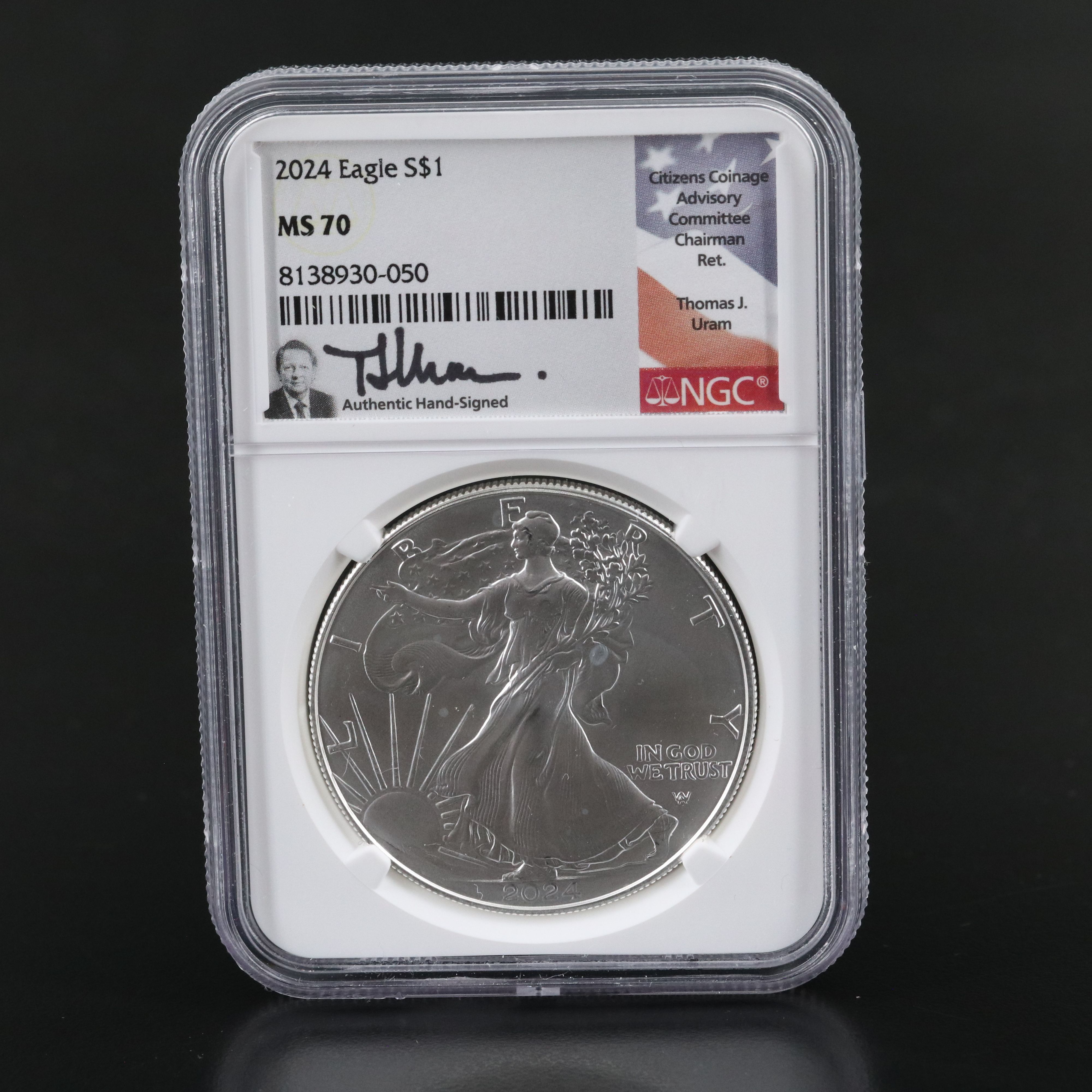NGC MS70, 2024 Silver Eagle Autographed by Thomas J. Uram