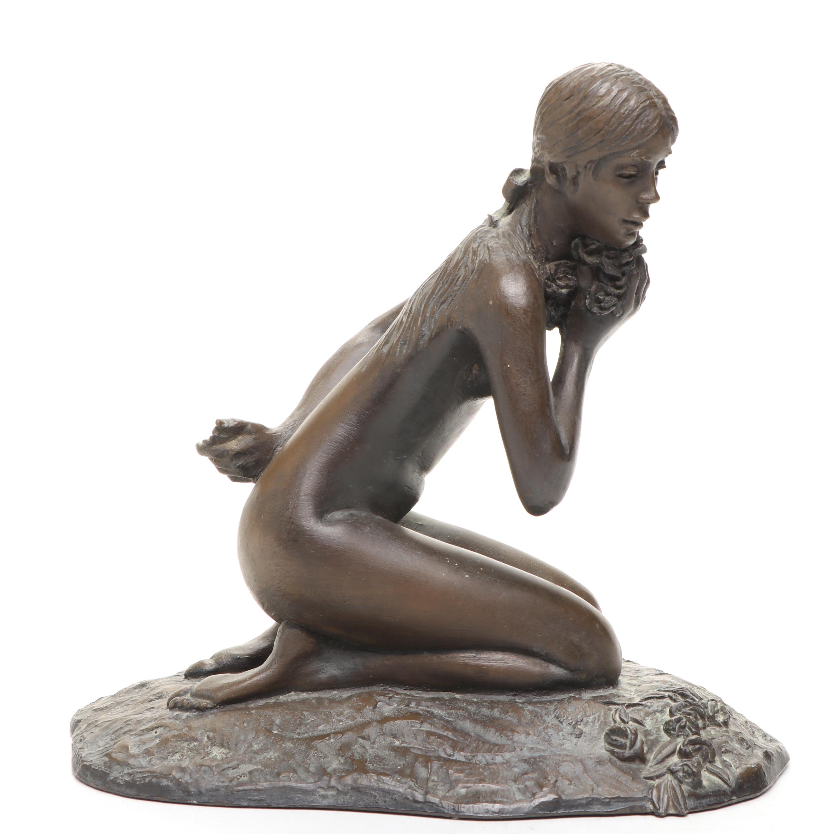 M. Stelzer for Franklin Mint "Kneeling Nude" Bronze Sculpture, 1980