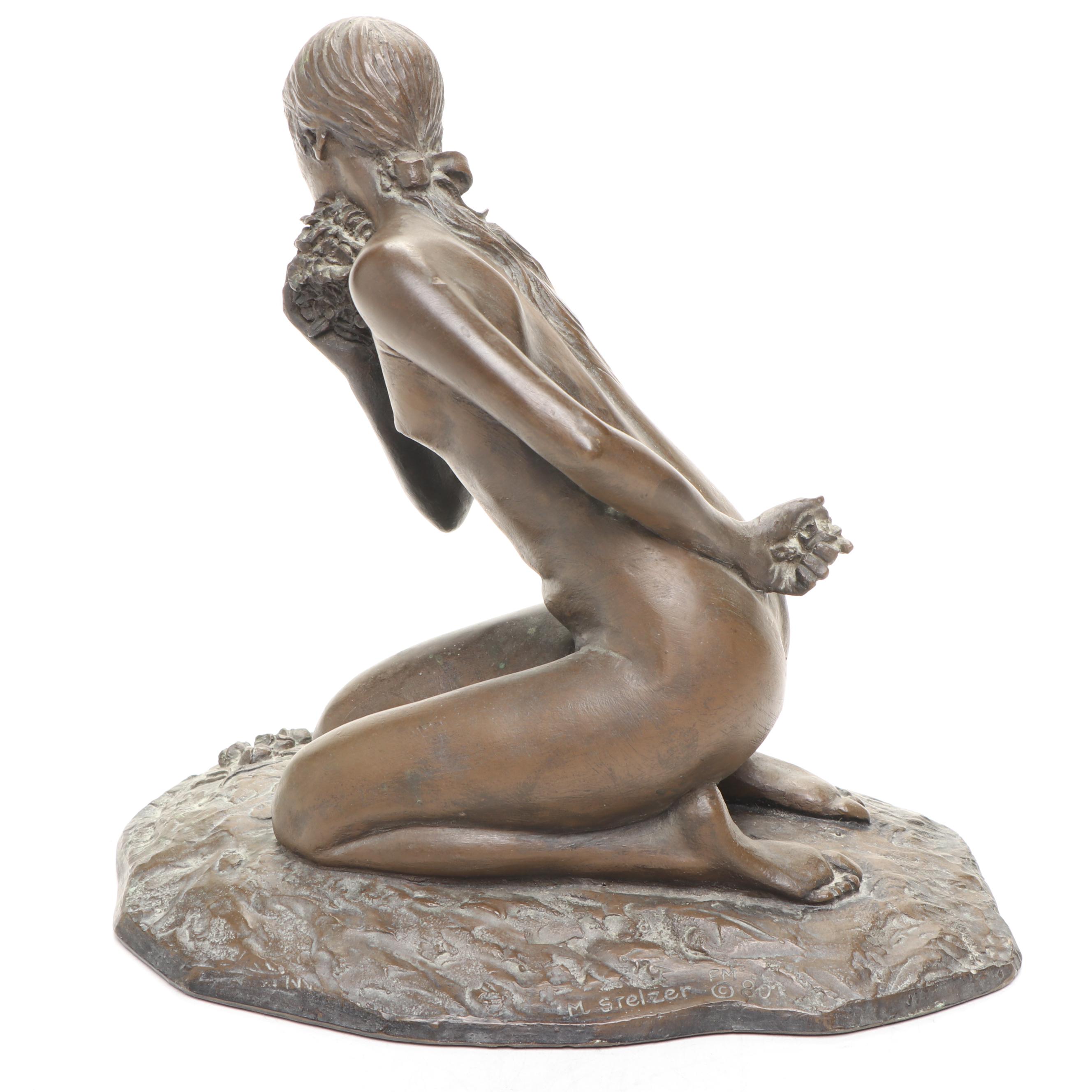 M. Stelzer for Franklin Mint "Kneeling Nude" Bronze Sculpture, 1980