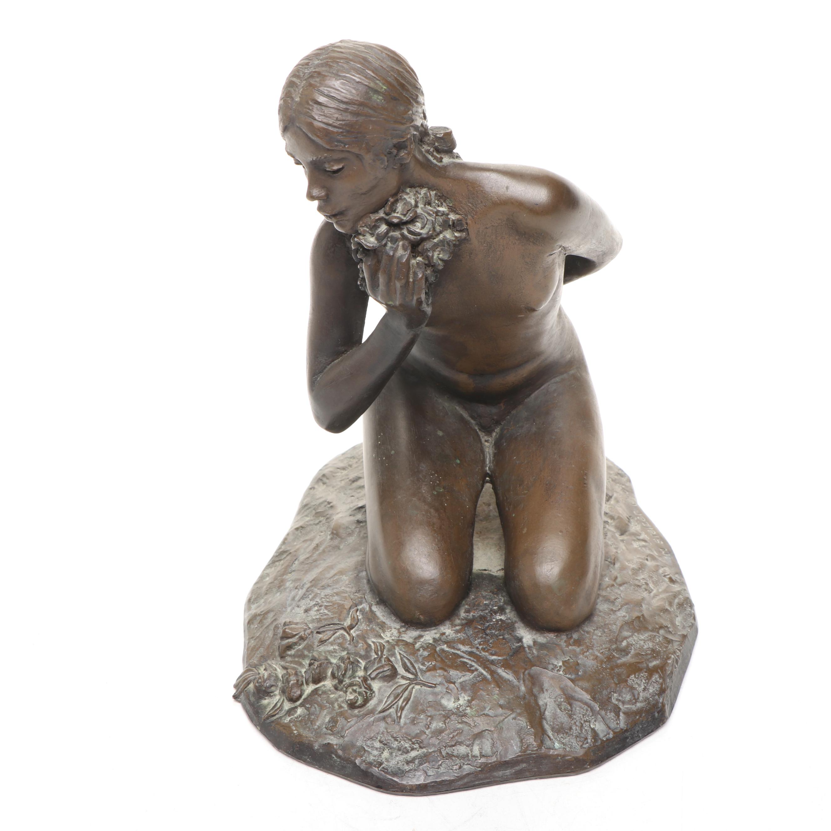 M. Stelzer for Franklin Mint "Kneeling Nude" Bronze Sculpture, 1980