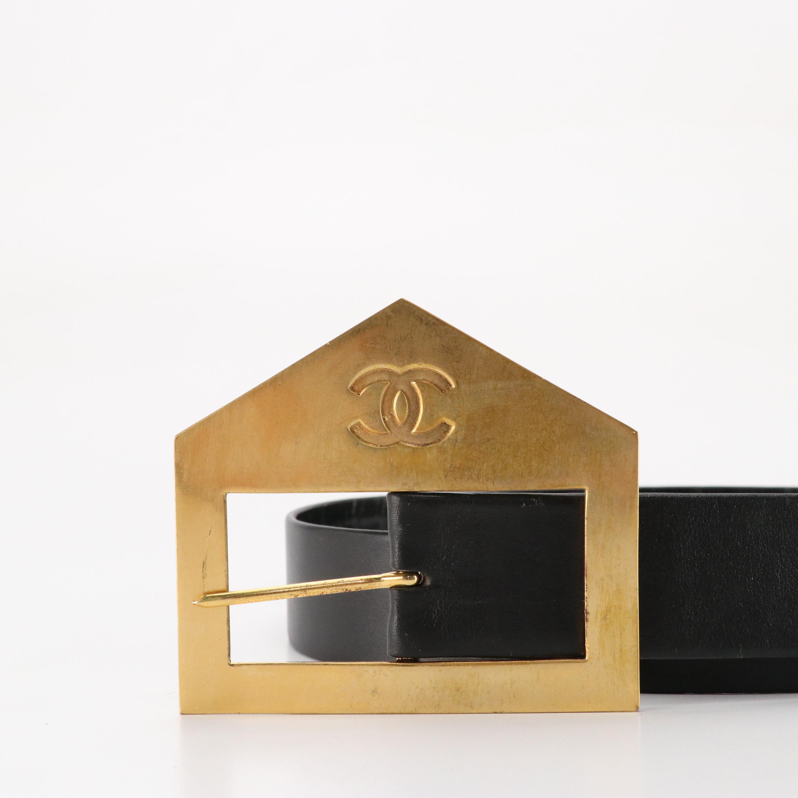 Chanel CC Gold Tone Buckle and Black Leather Belt, 1970s