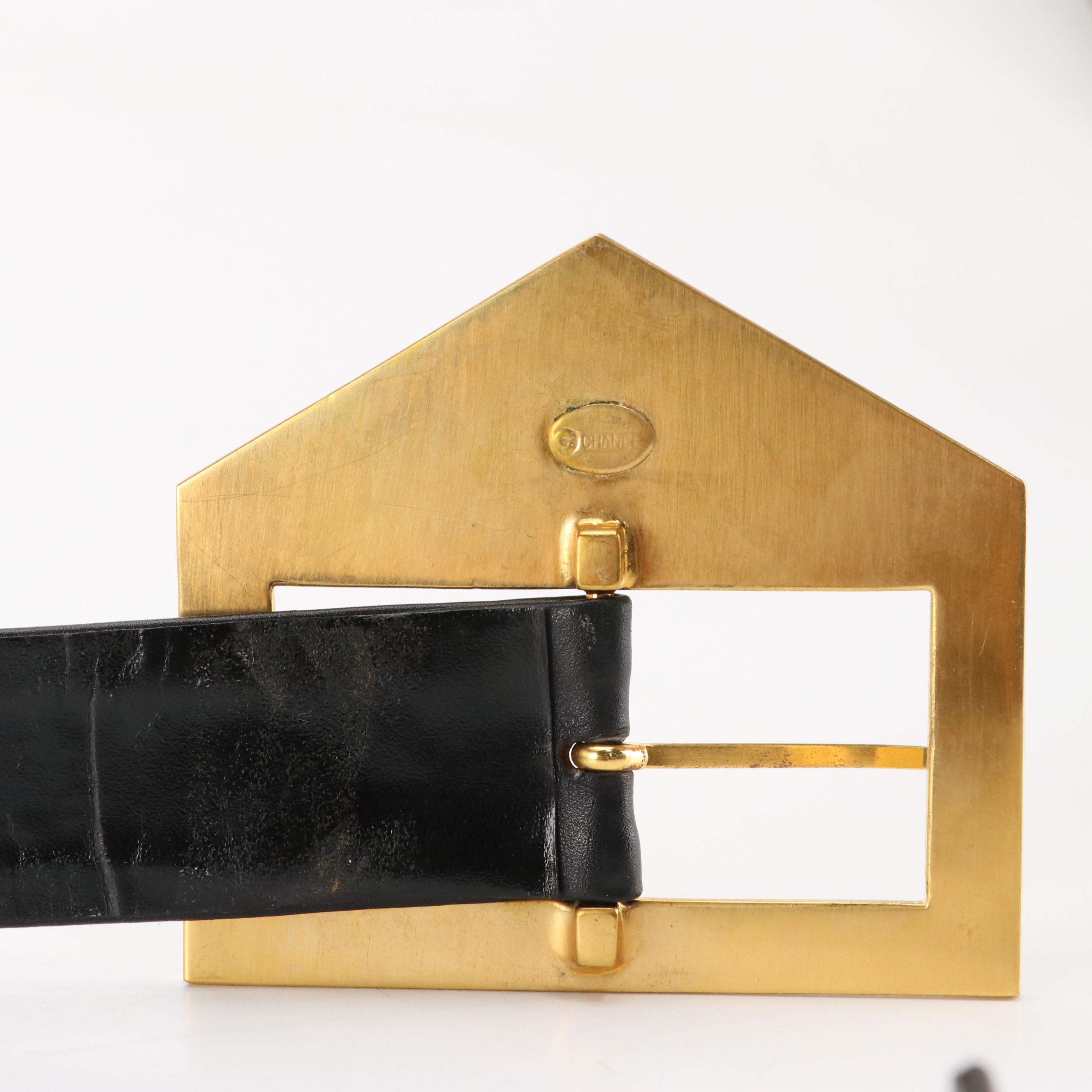 Chanel CC Gold Tone Buckle and Black Leather Belt, 1970s