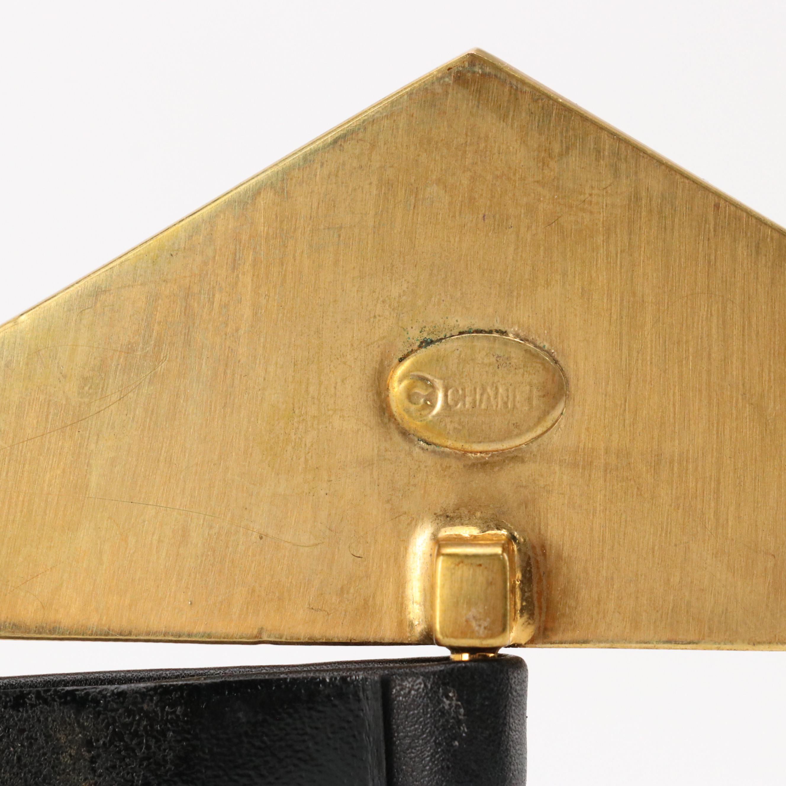 Chanel CC Gold Tone Buckle and Black Leather Belt, 1970s