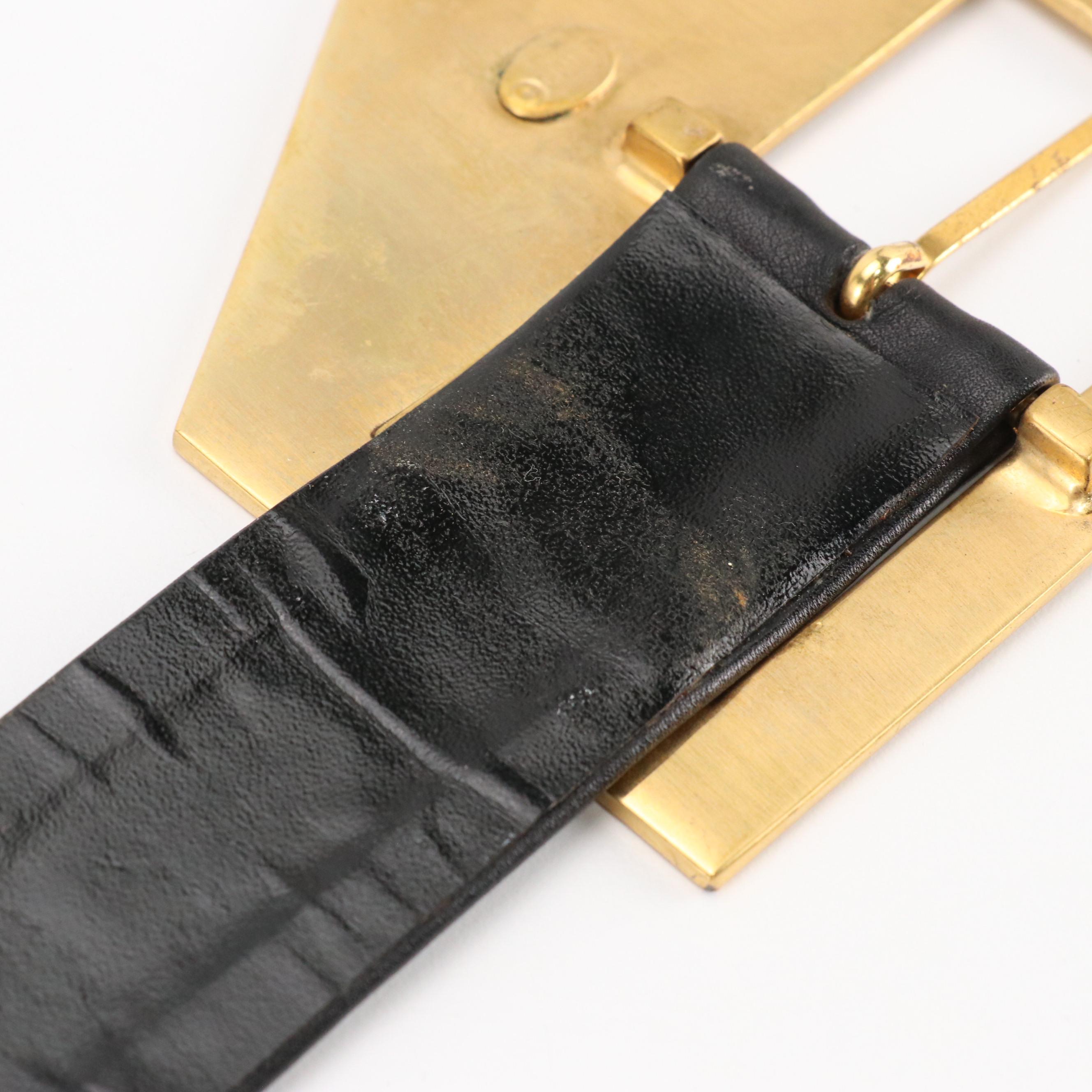 Chanel CC Gold Tone Buckle and Black Leather Belt, 1970s