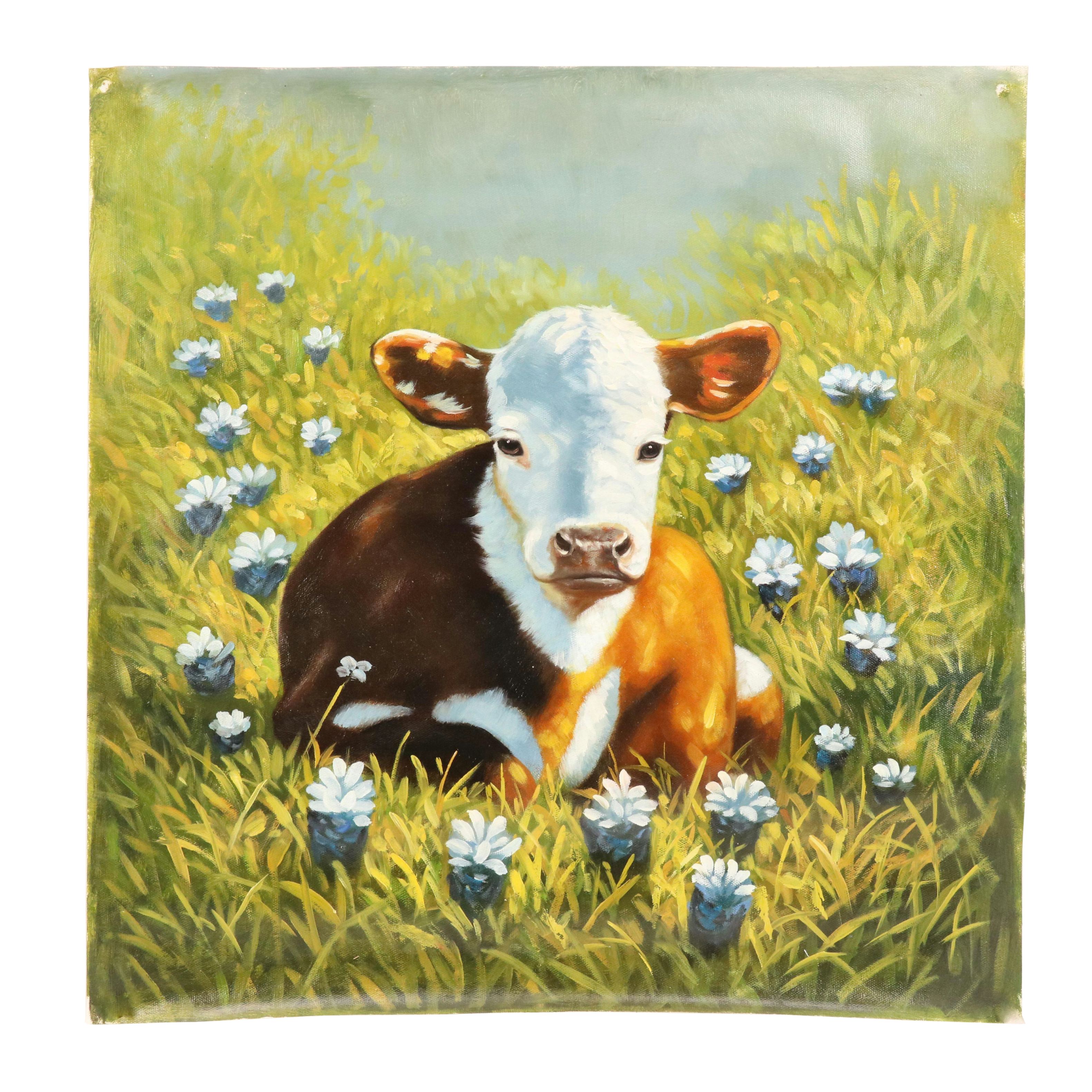 Castello Oil Painting of Cow with Blue Flowers, 21st Century