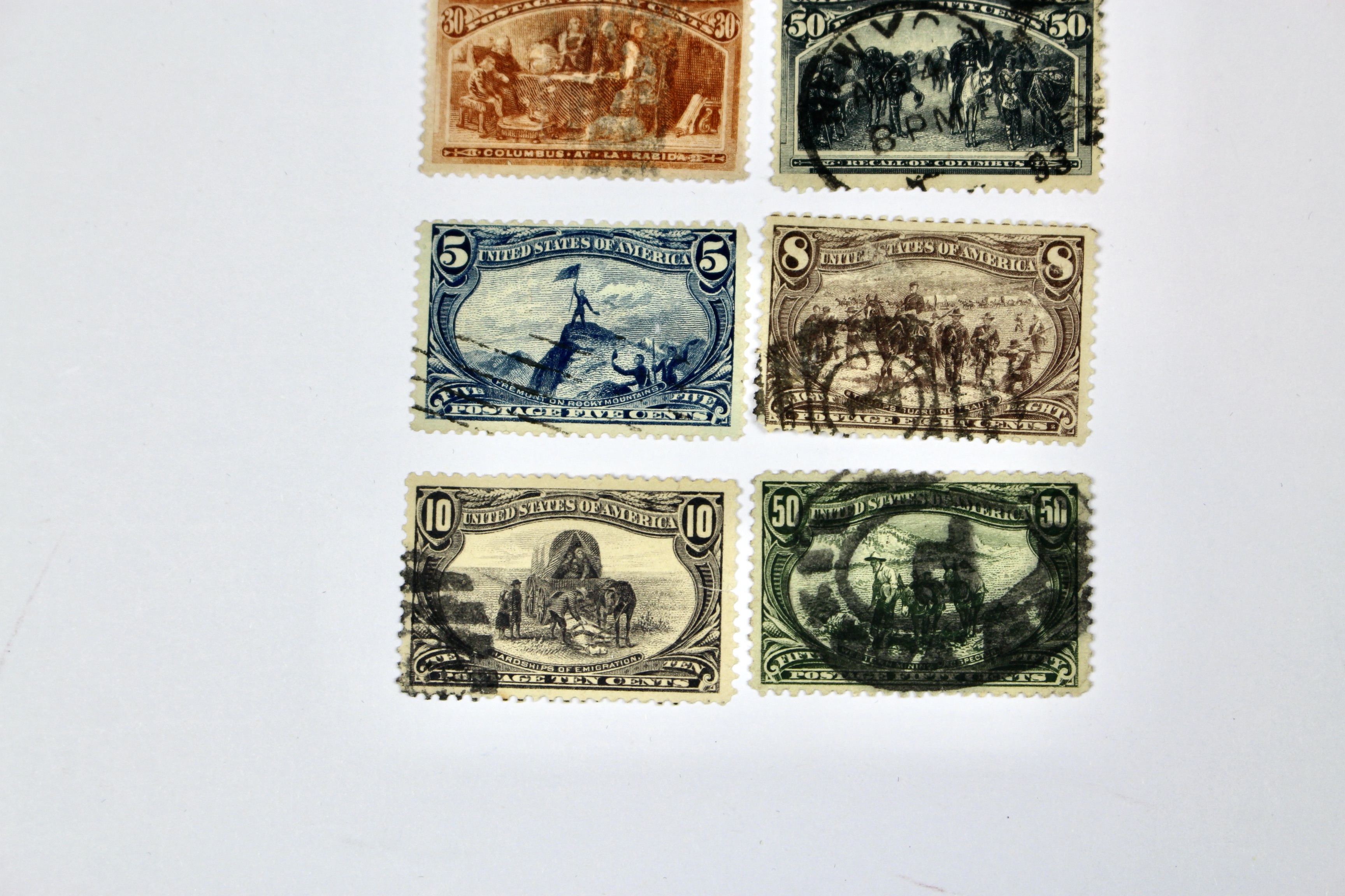 Ten Columbian and Trans-Mississippi Postage Stamps, 1890s
