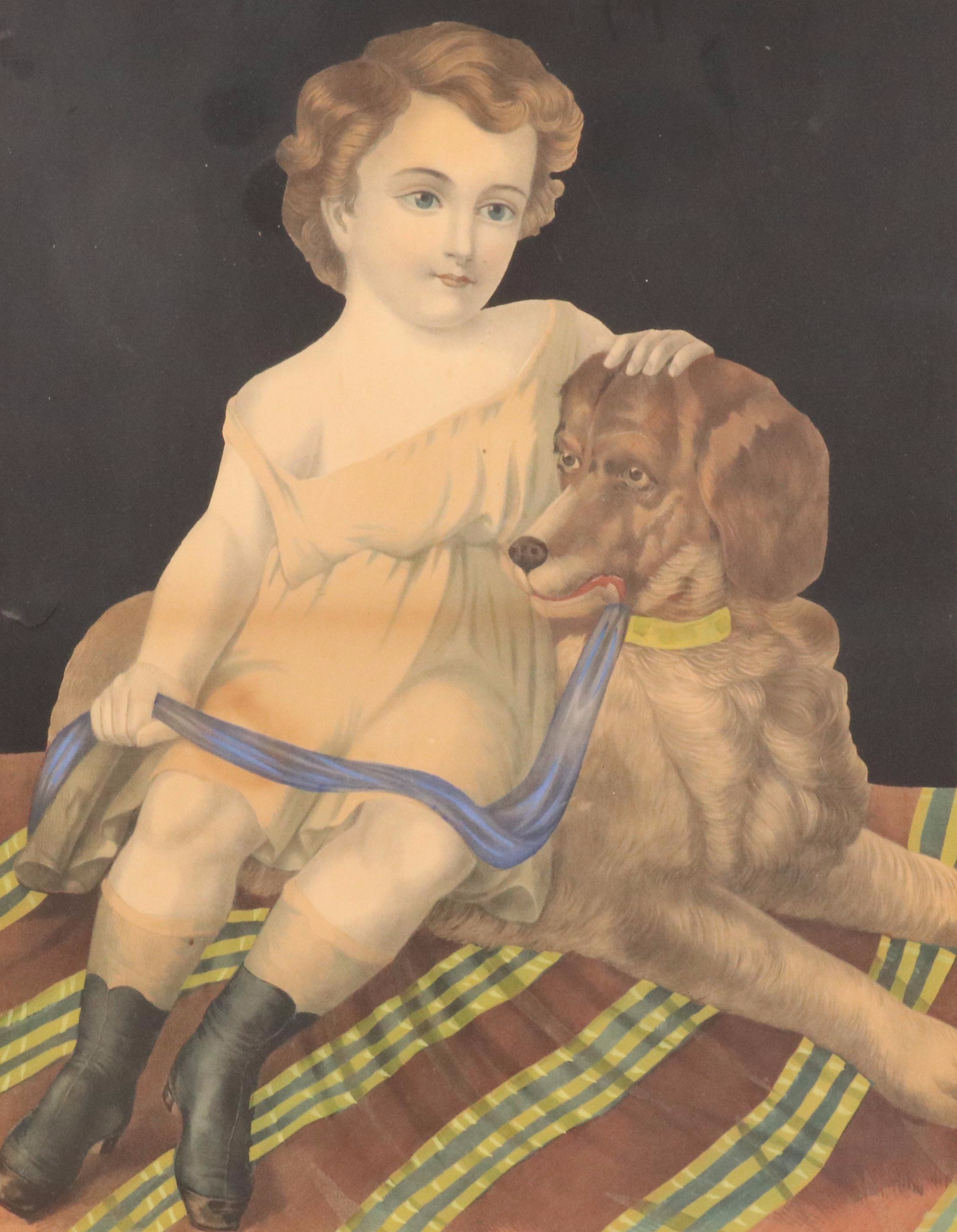 Hand-Colored Lithograph Portrait of Seated Young Child with Dog