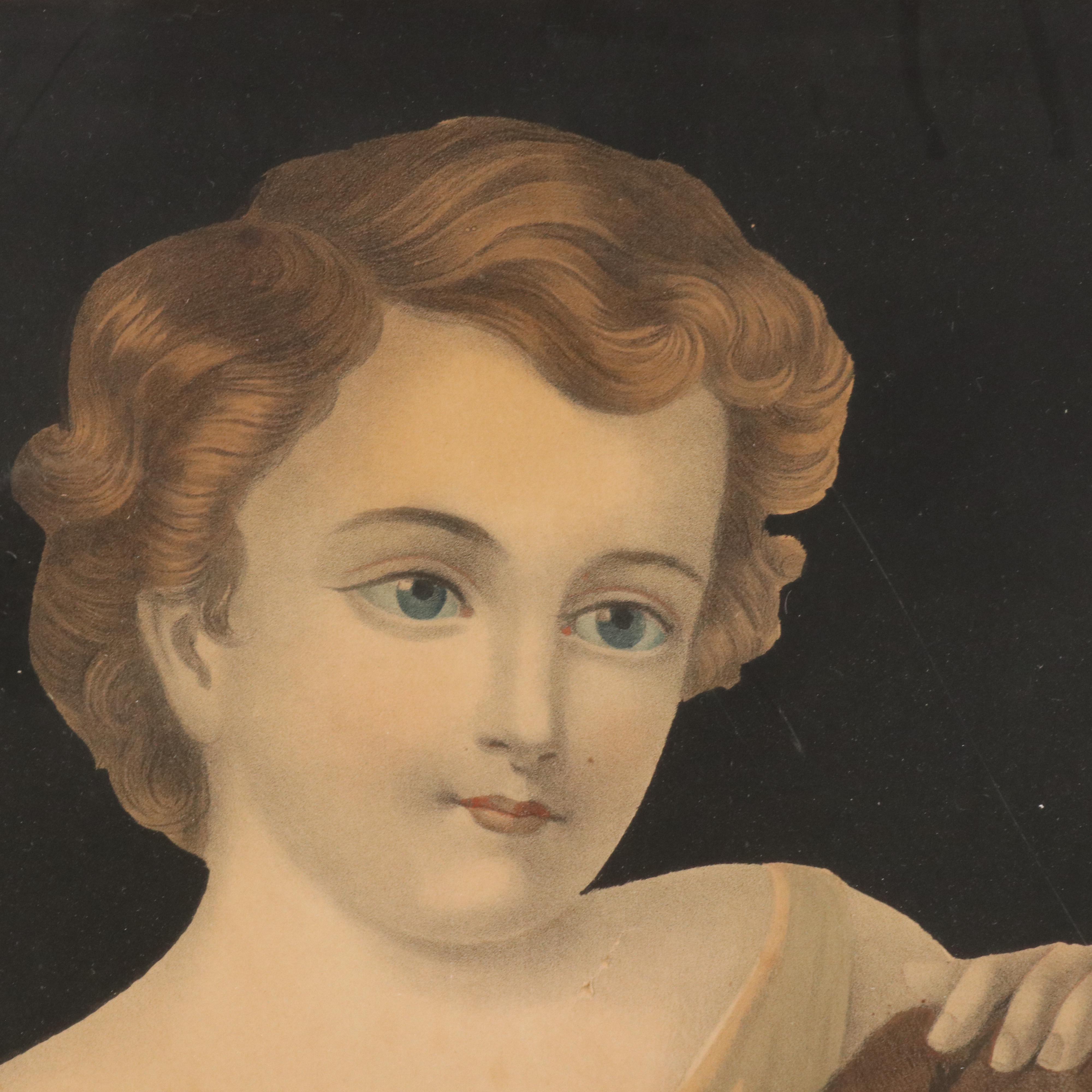 Hand-Colored Lithograph Portrait of Seated Young Child with Dog