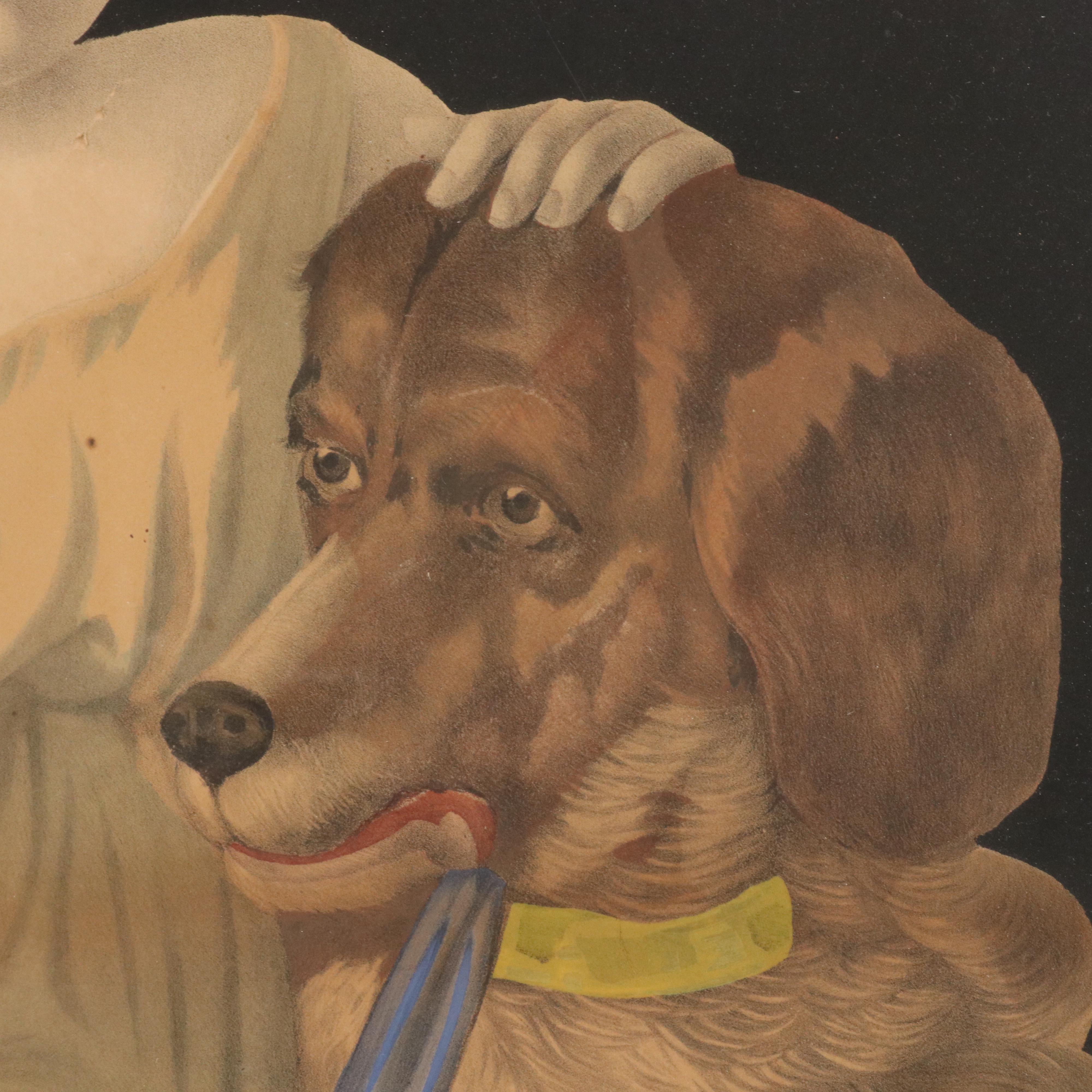 Hand-Colored Lithograph Portrait of Seated Young Child with Dog