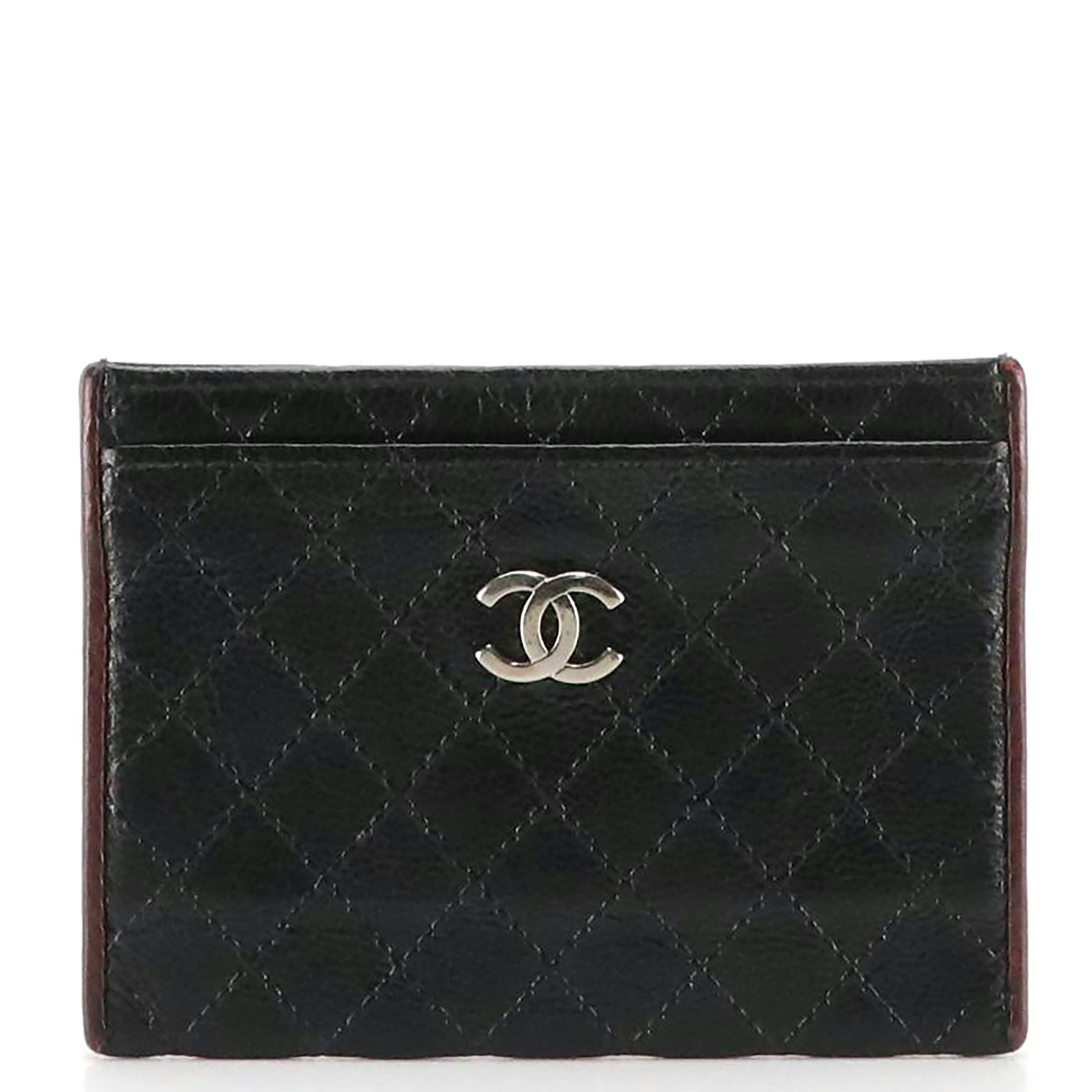 Chanel Quilted Leather Card Case with Burgundy Accents