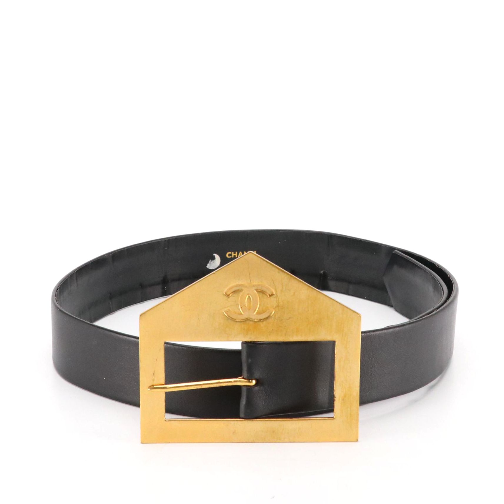 Chanel CC Gold Tone Buckle and Black Leather Belt, 1970s