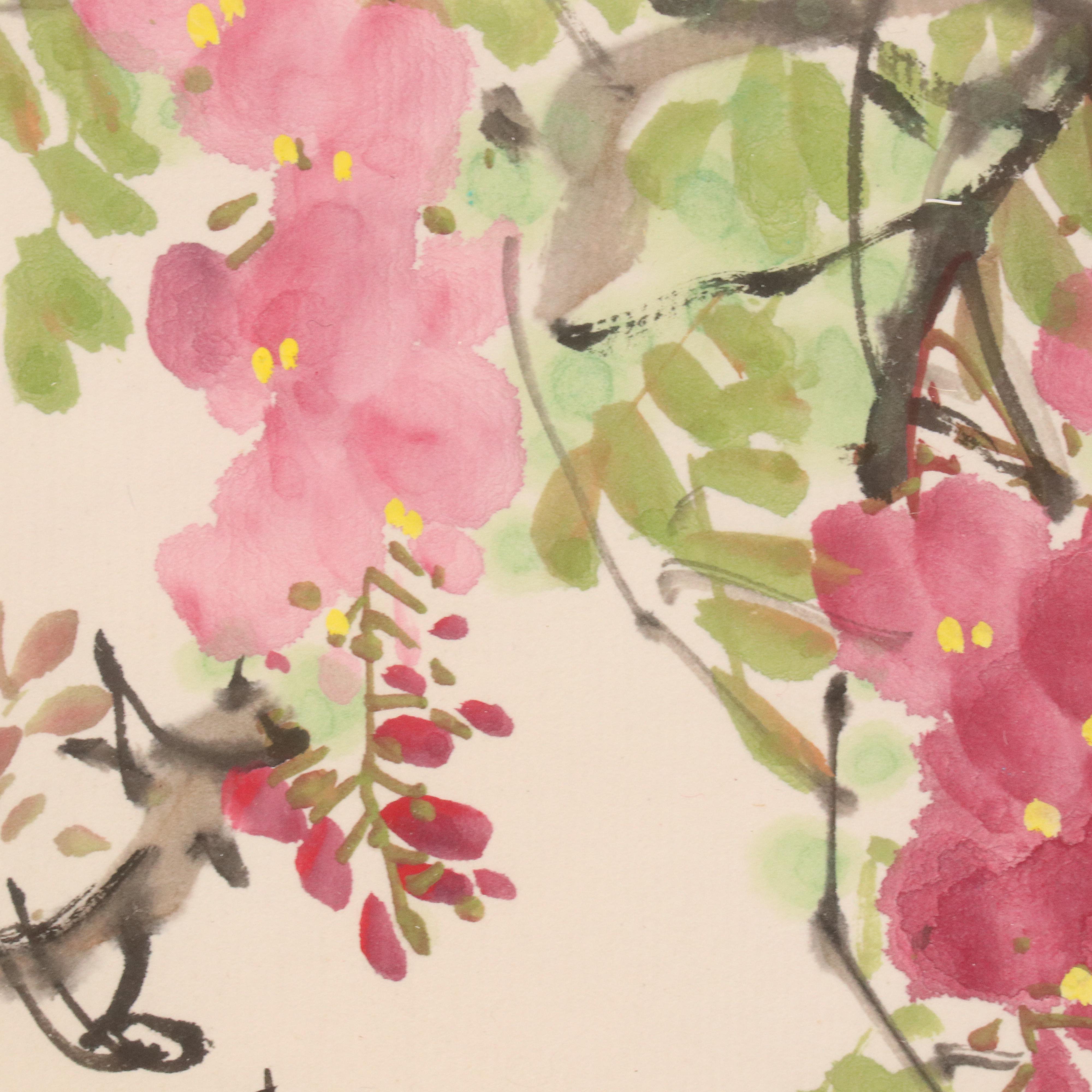 East Asian Floral Landscape Watercolor Painting