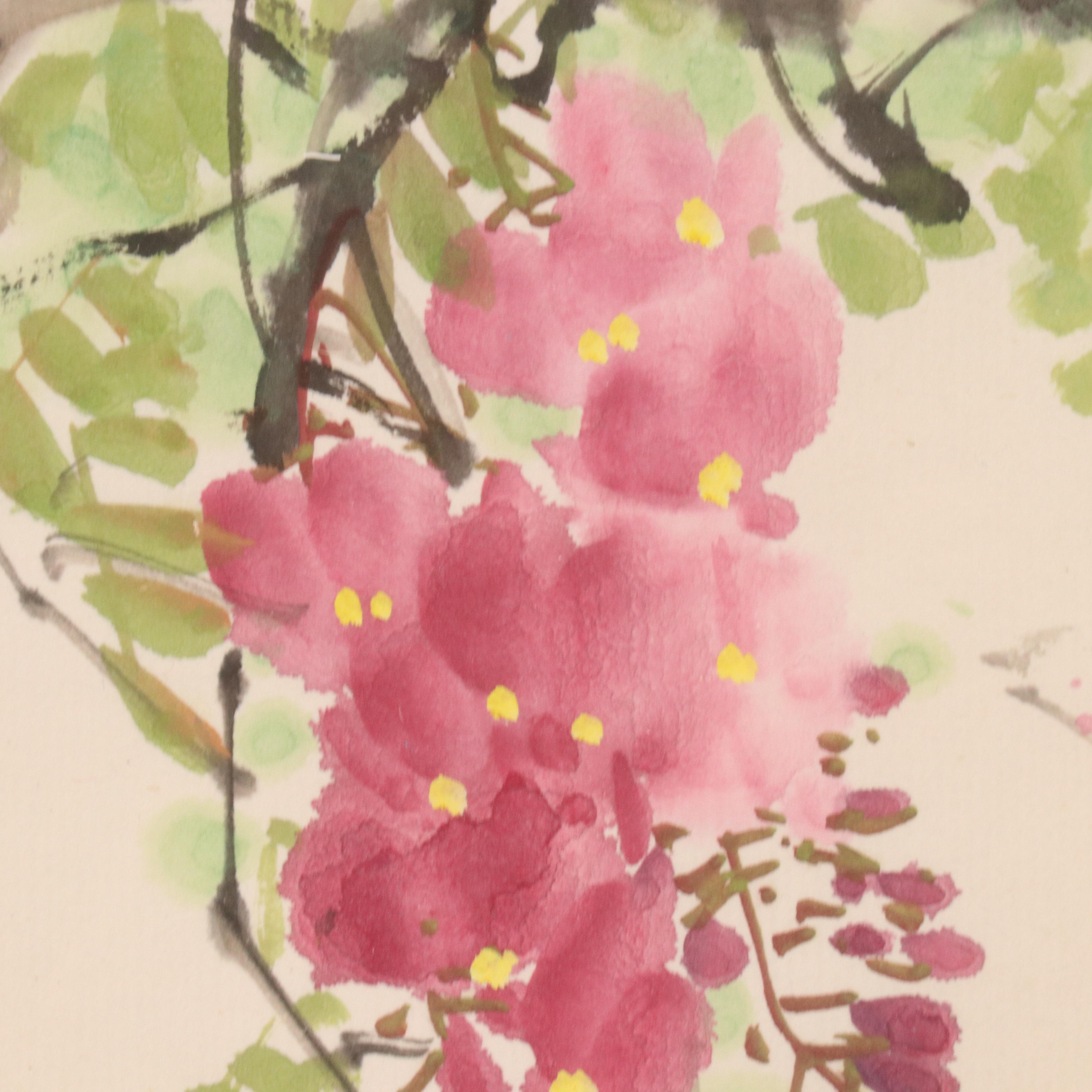 East Asian Floral Landscape Watercolor Painting