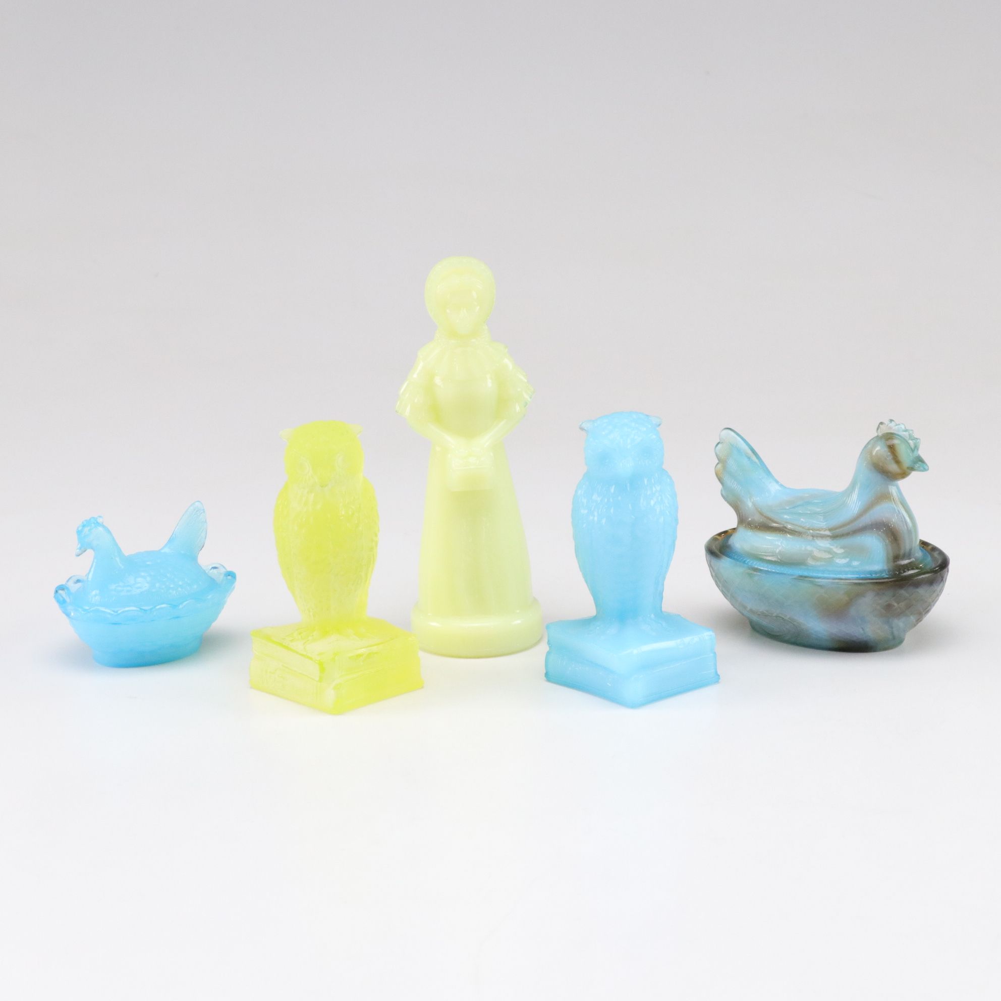 Uranium and Slag Glass Dengenhart "Priscilla" Figurine, Hen on Nest, and More