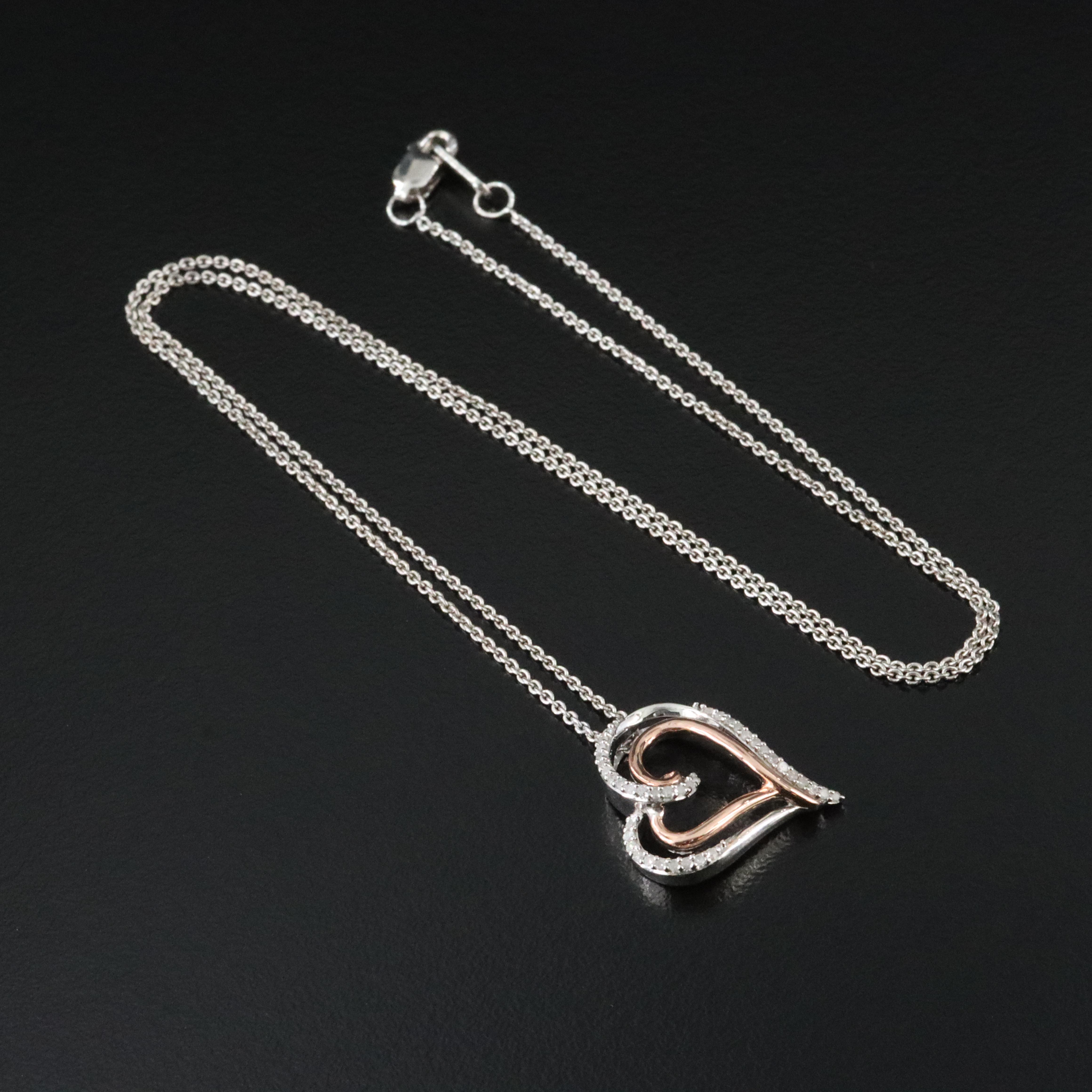 Sterling Diamond Heart Pendant with 10k Rose Gold Accent