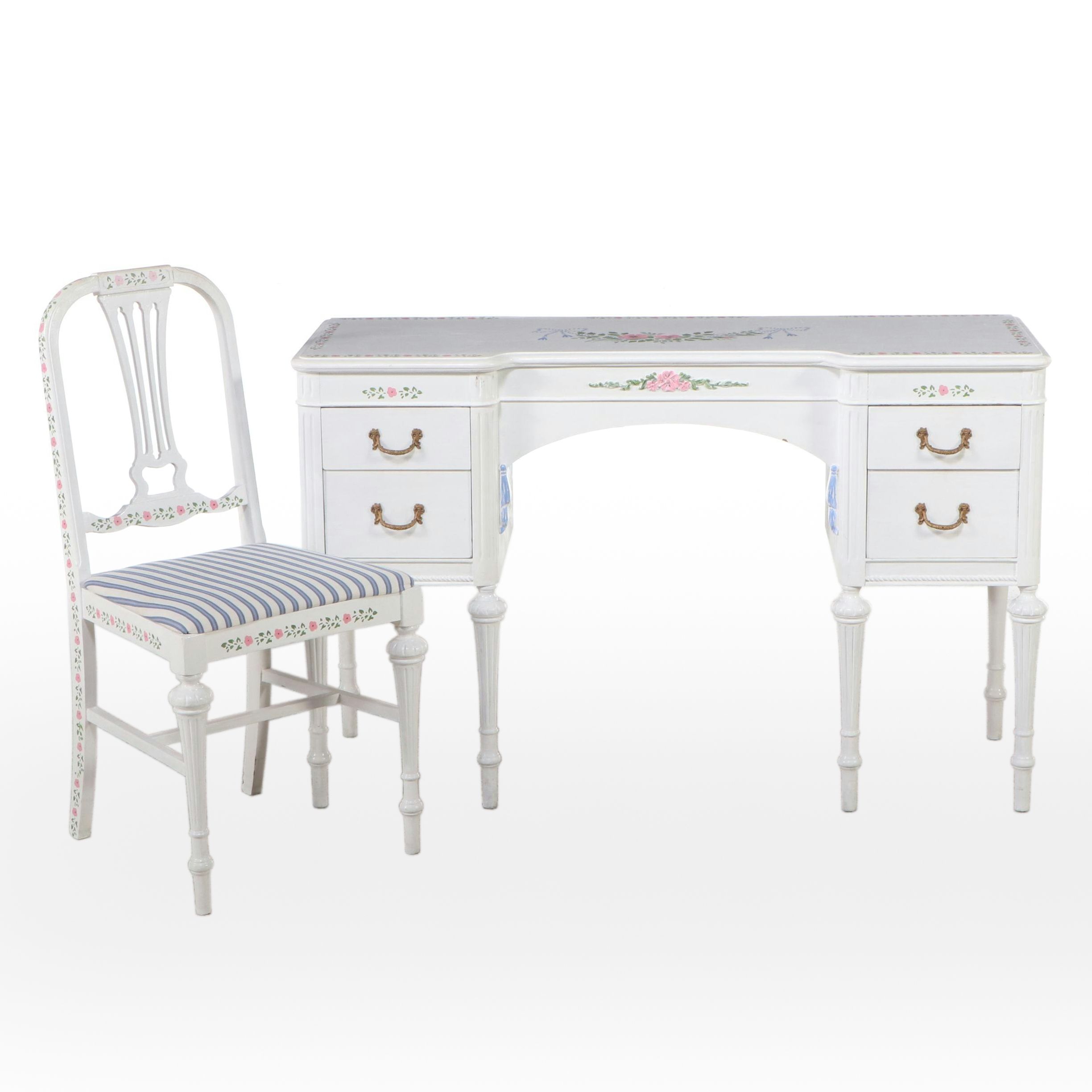 Lous XV Style Paint-Decorated Wood Desk and Chair