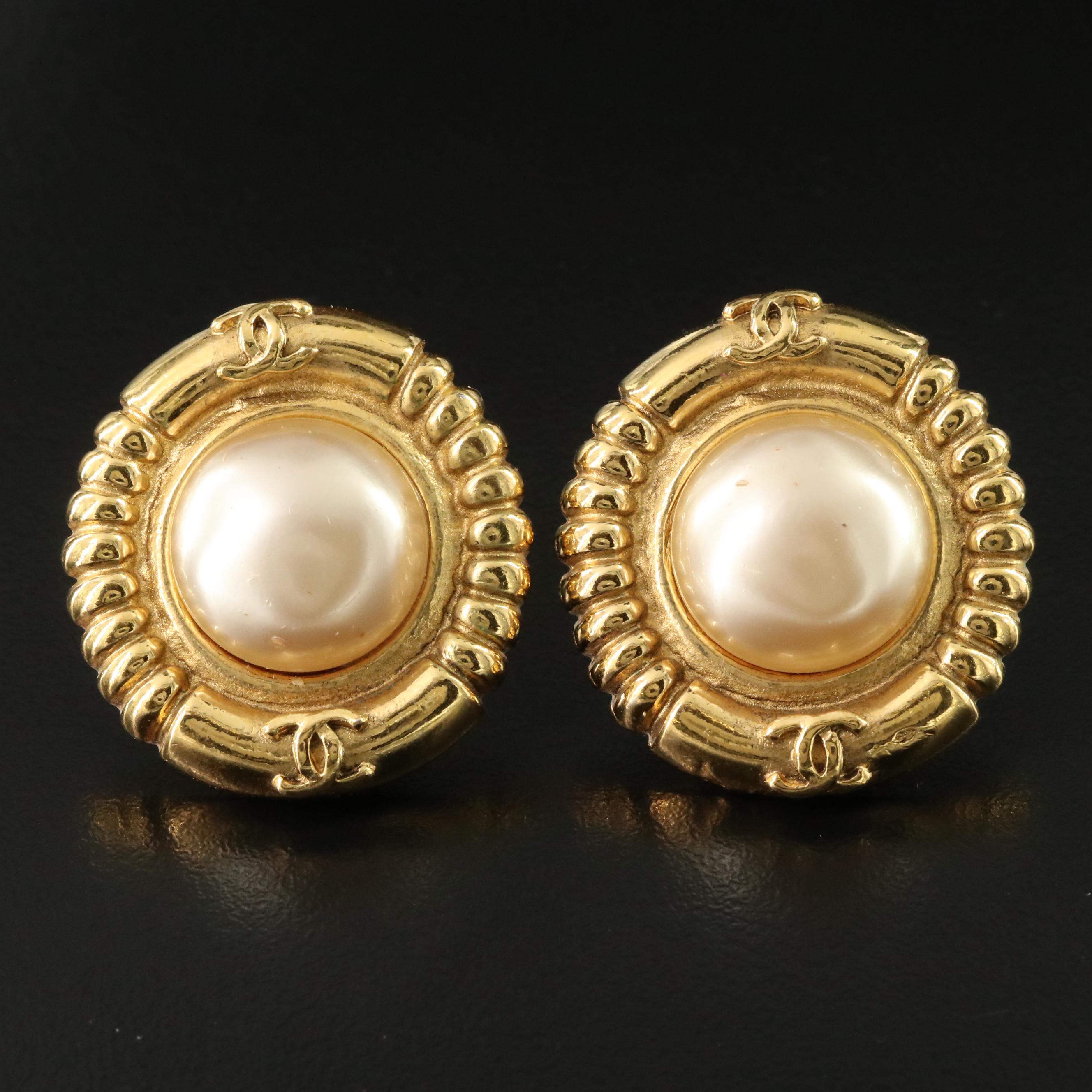 Chanel CC Faux Pearl Clip Earrings
