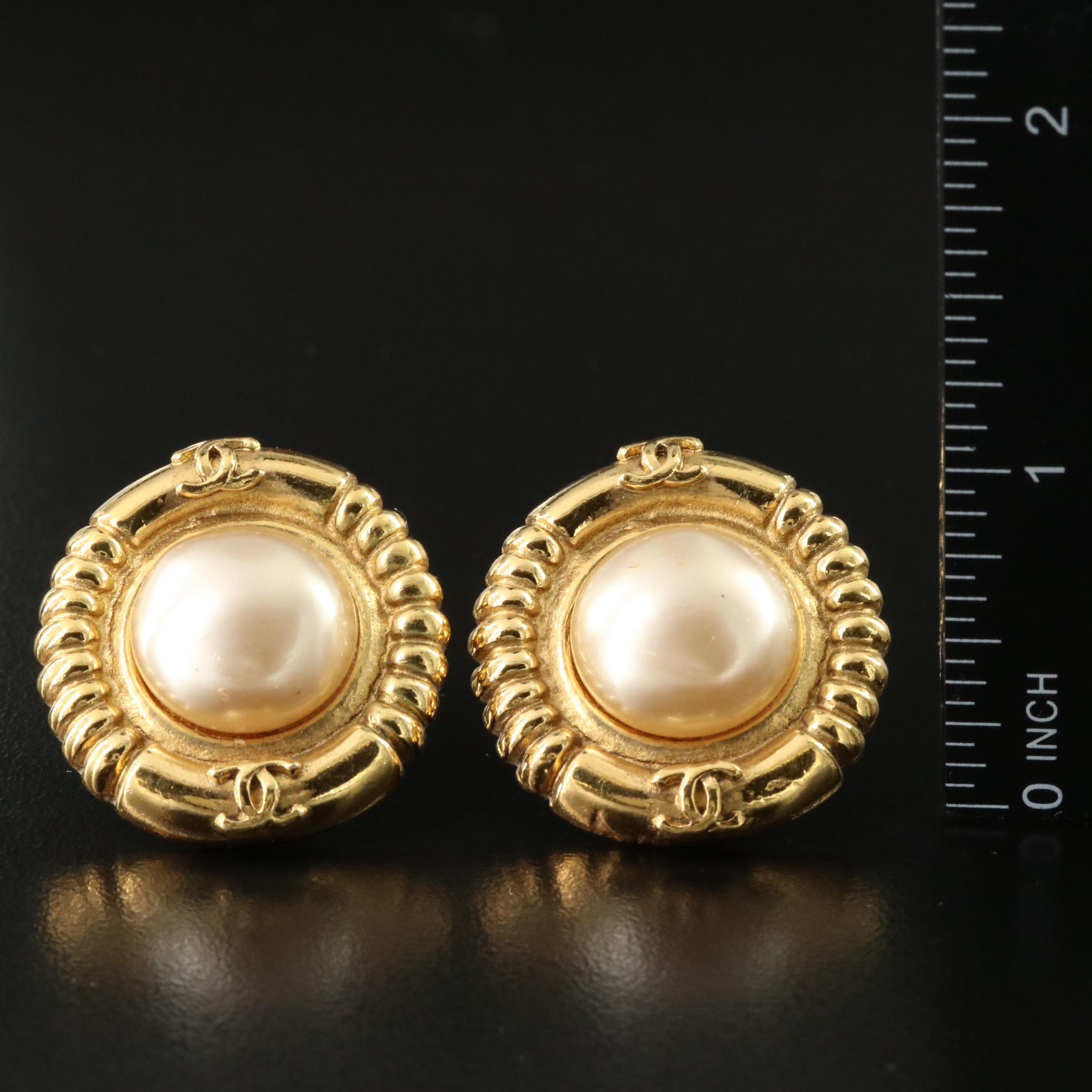 Chanel CC Faux Pearl Clip Earrings