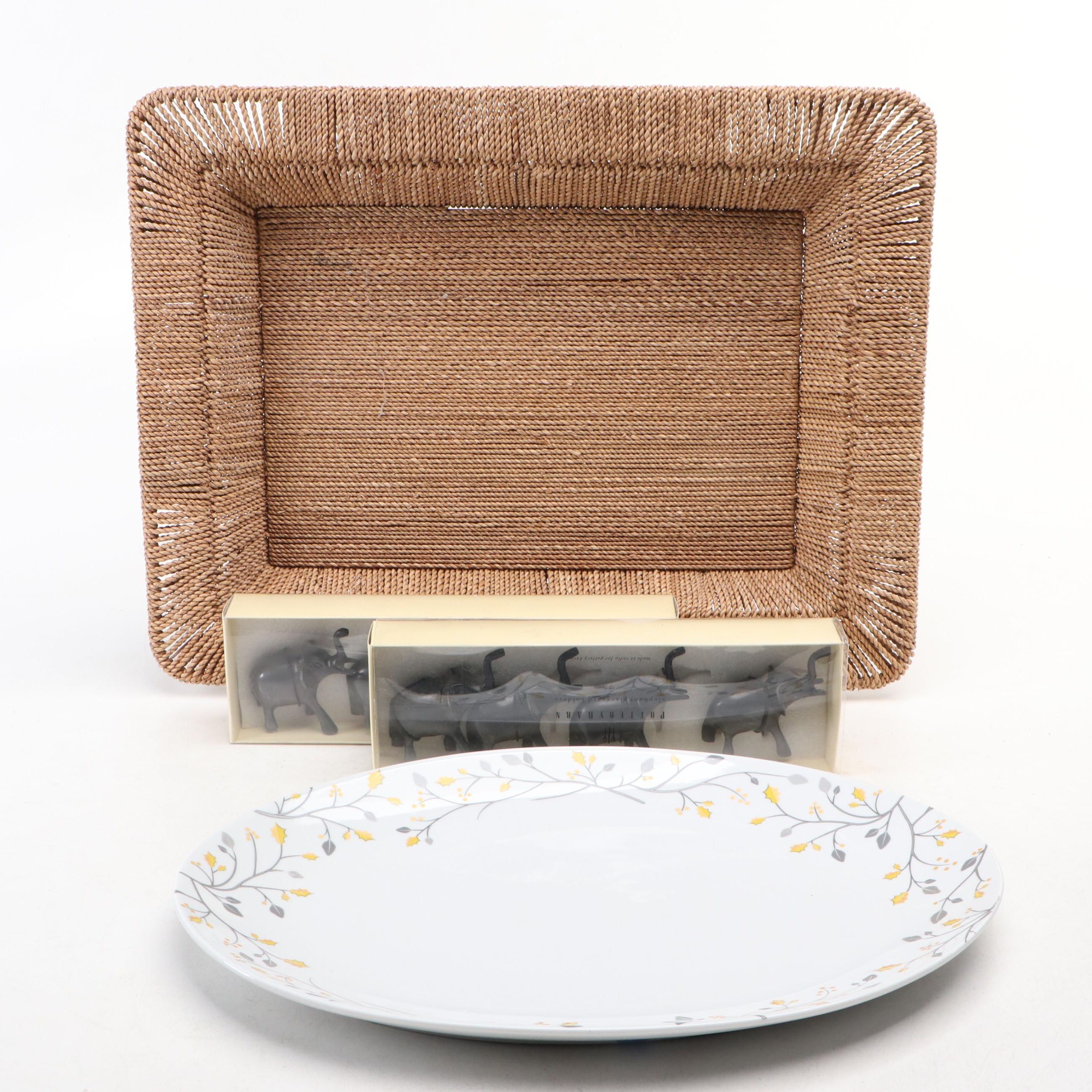 Pottery Barn "Winter Caribou" Ceramic Platter with Placecard Holders and Tray