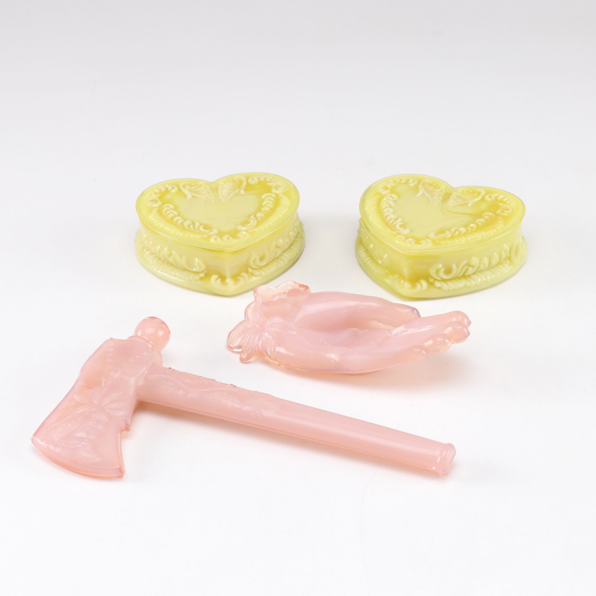 Pair of Degenhart Yellow Custard Glass Heart Dresser Boxes and More