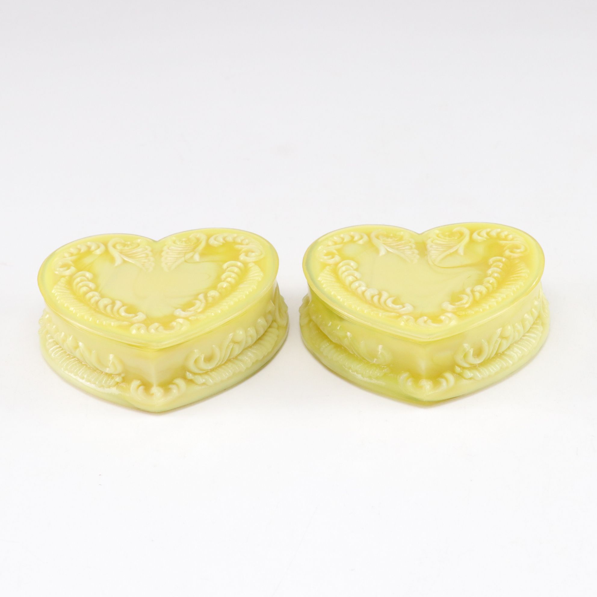 Pair of Degenhart Yellow Custard Glass Heart Dresser Boxes and More