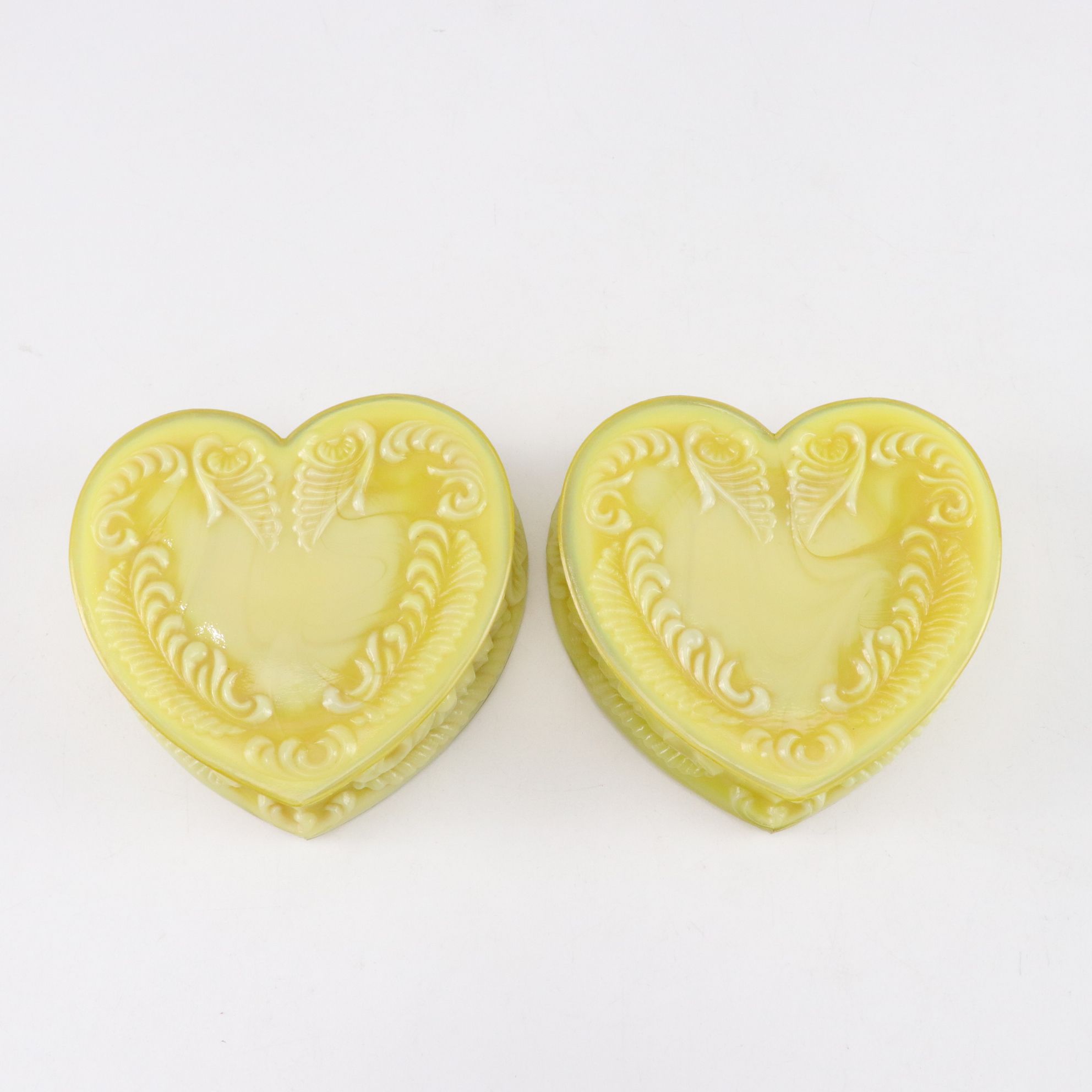 Pair of Degenhart Yellow Custard Glass Heart Dresser Boxes and More