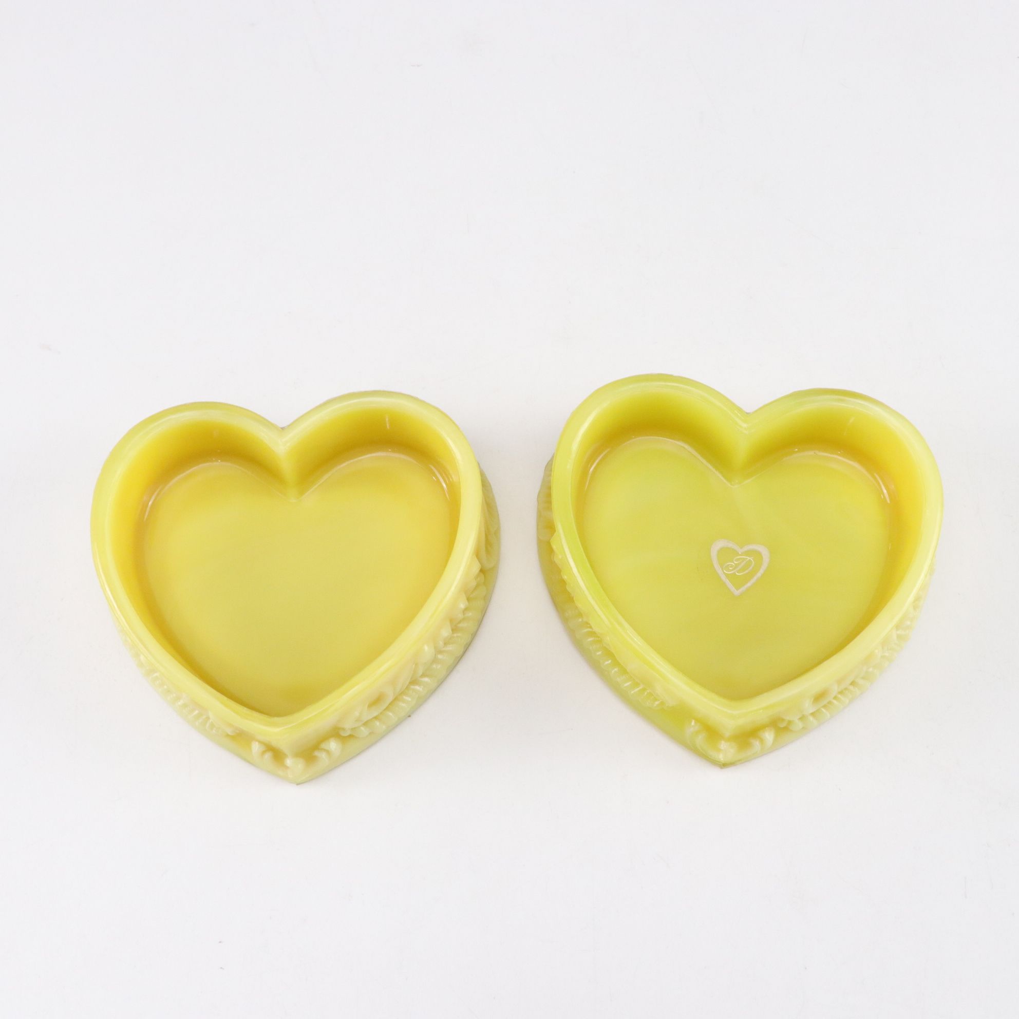 Pair of Degenhart Yellow Custard Glass Heart Dresser Boxes and More