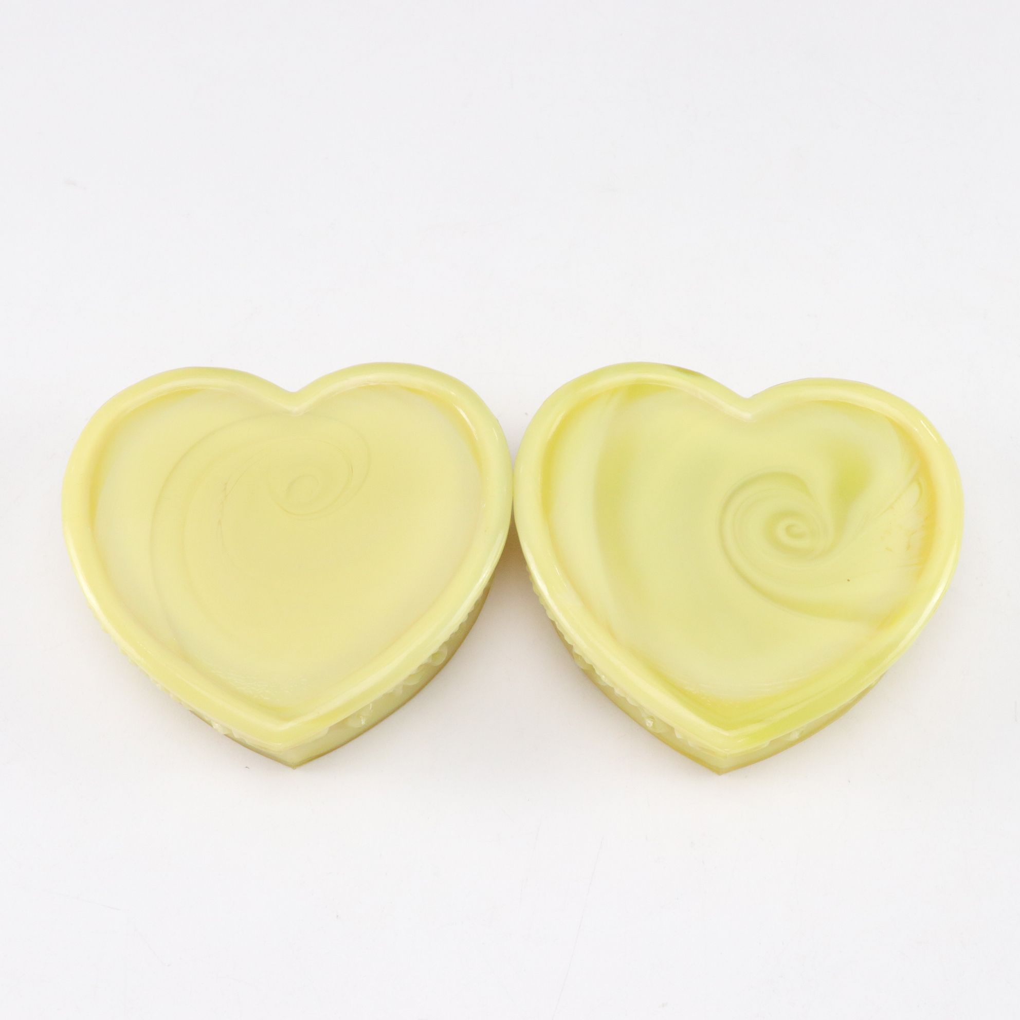 Pair of Degenhart Yellow Custard Glass Heart Dresser Boxes and More