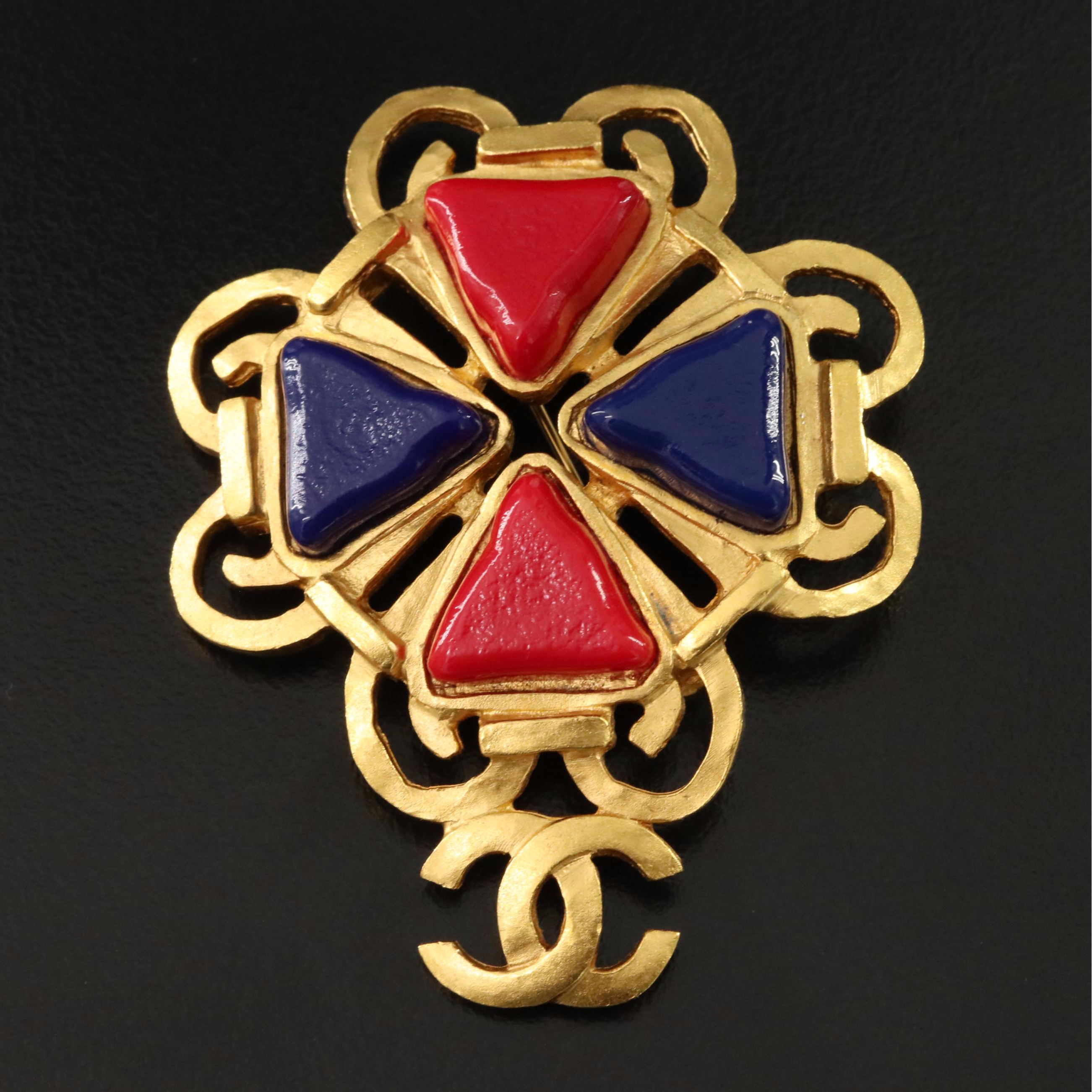 Chanel CC Red and Blue Glass Brooch