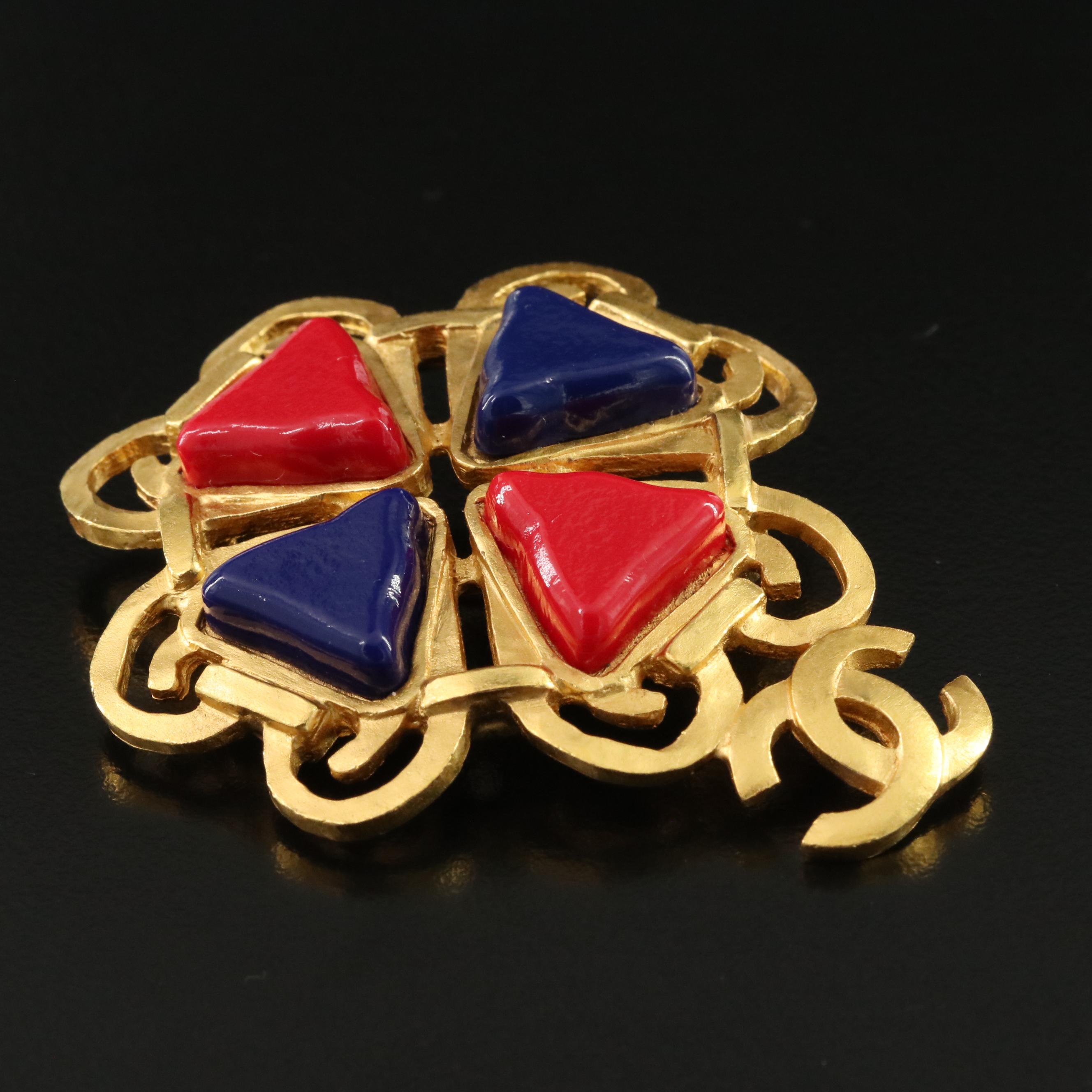 Chanel CC Red and Blue Glass Brooch