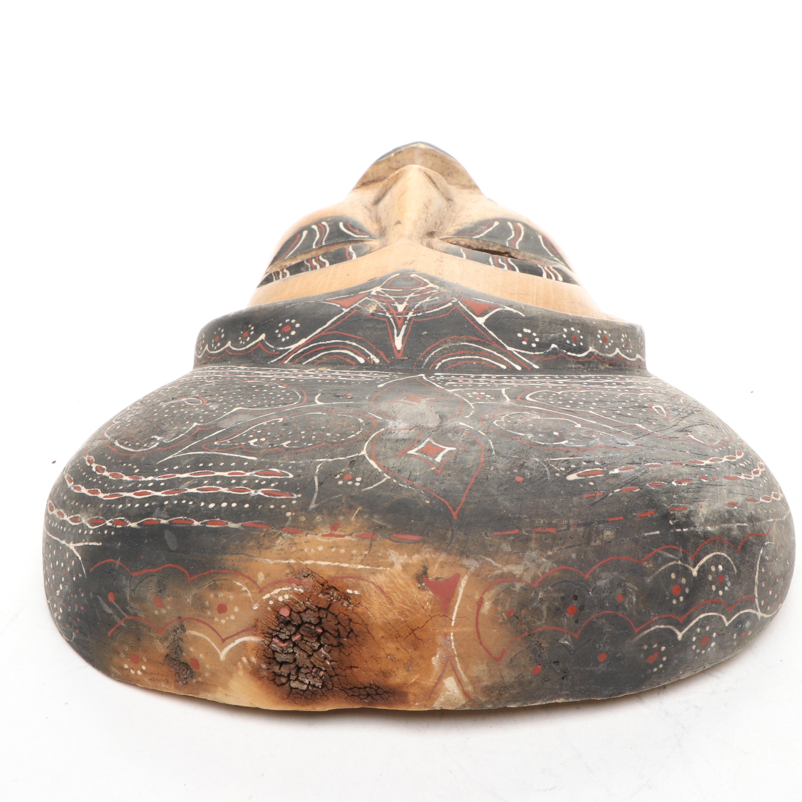 Ghanaian Painted Carved Wood Mask with Reclaimed Wood Vases