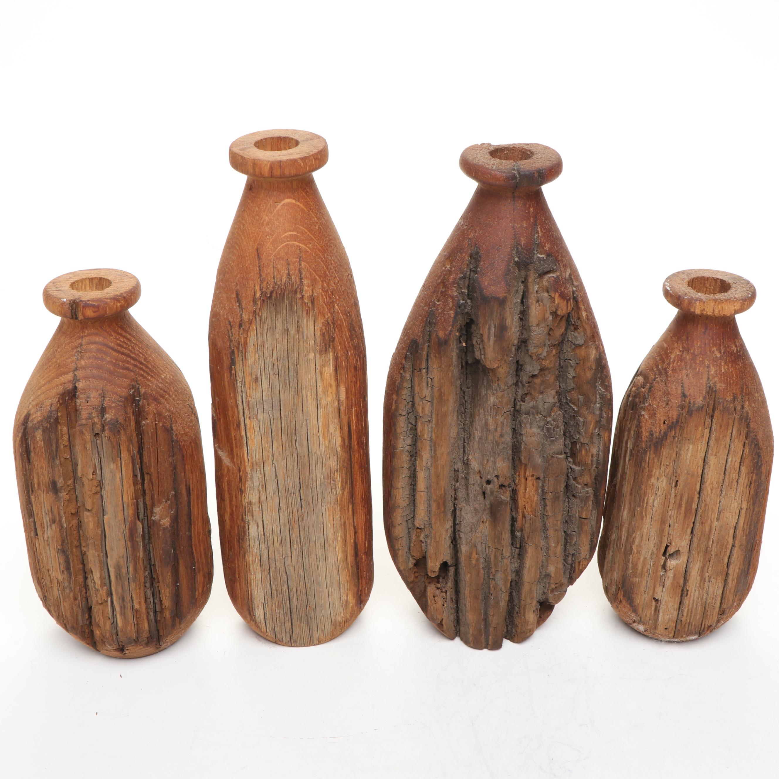 Ghanaian Painted Carved Wood Mask with Reclaimed Wood Vases