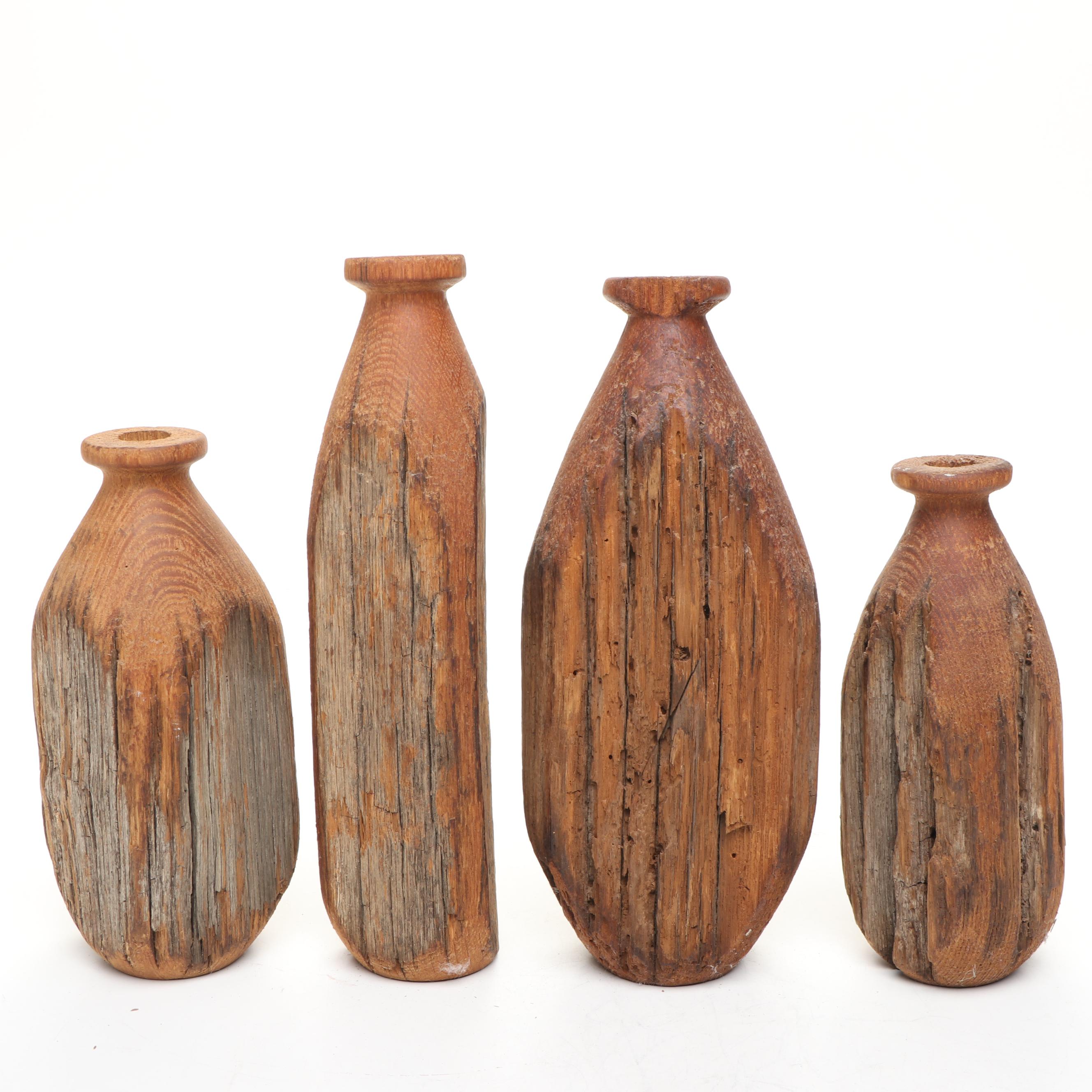 Ghanaian Painted Carved Wood Mask with Reclaimed Wood Vases