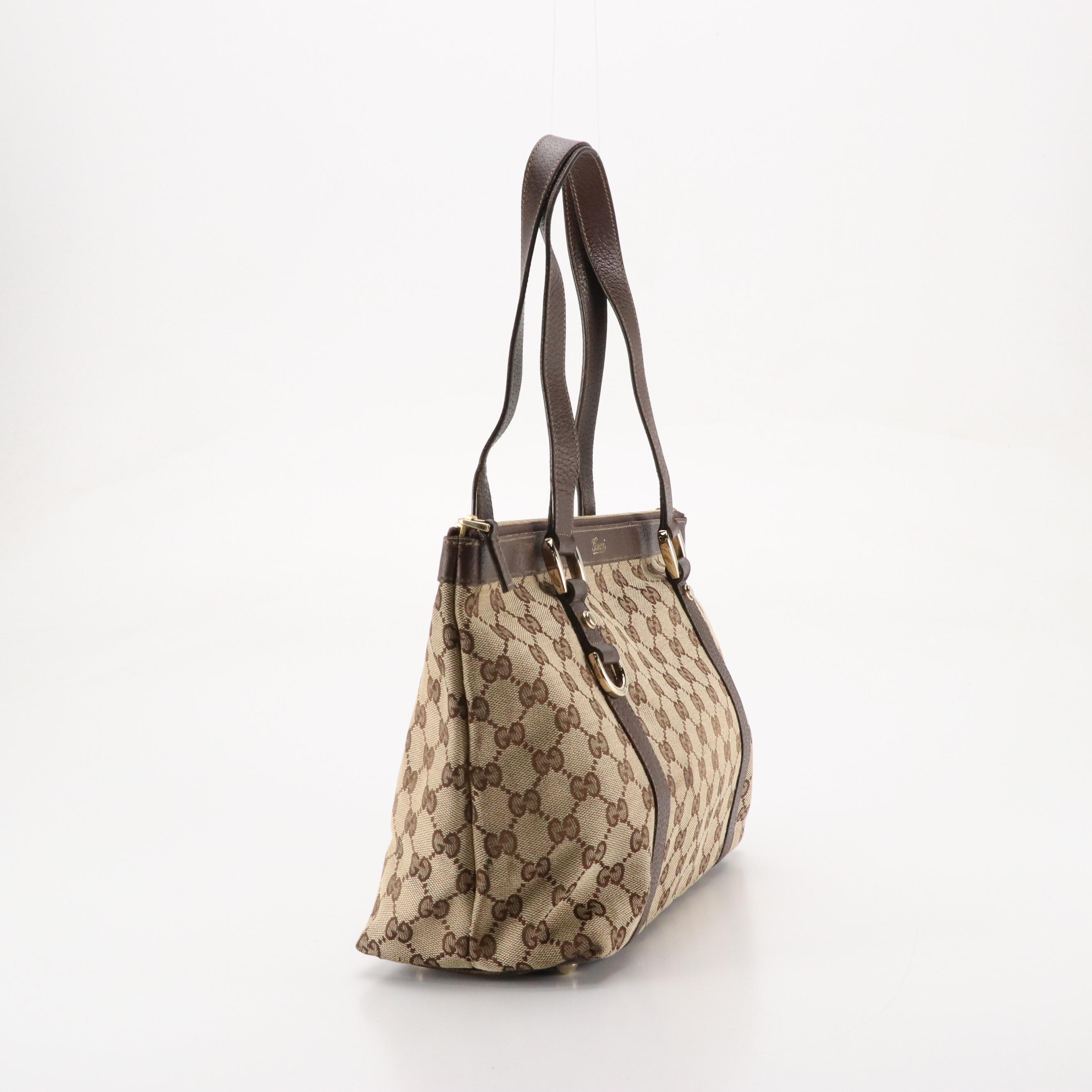 Gucci Medium Abbey D-Ring Shoulder Bag in GG Canvas and Brown Leather Trim