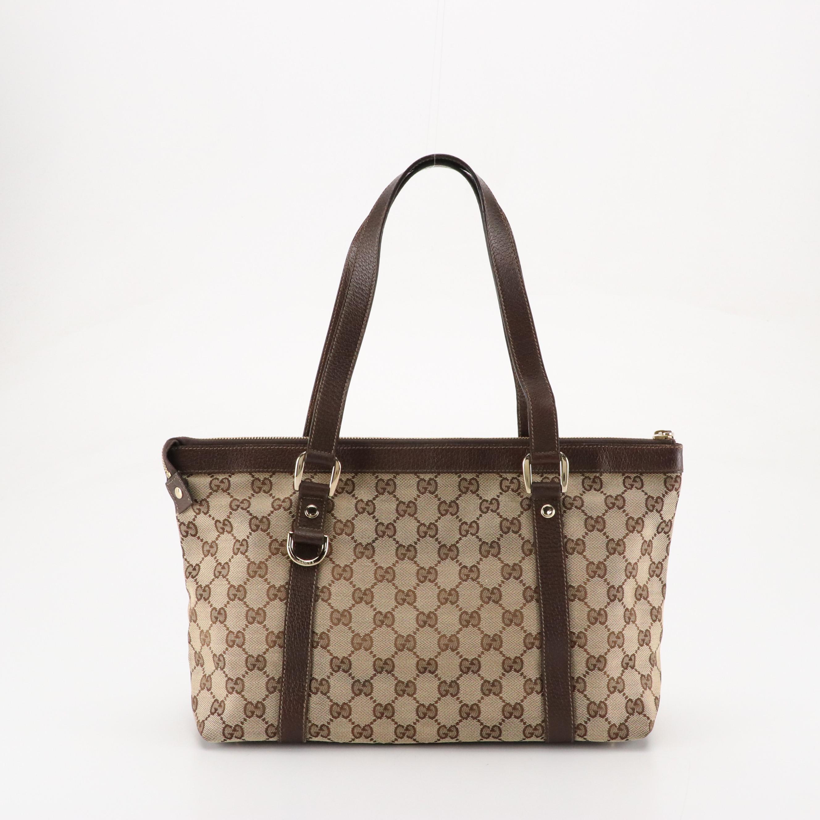 Gucci Medium Abbey D-Ring Shoulder Bag in GG Canvas and Brown Leather Trim