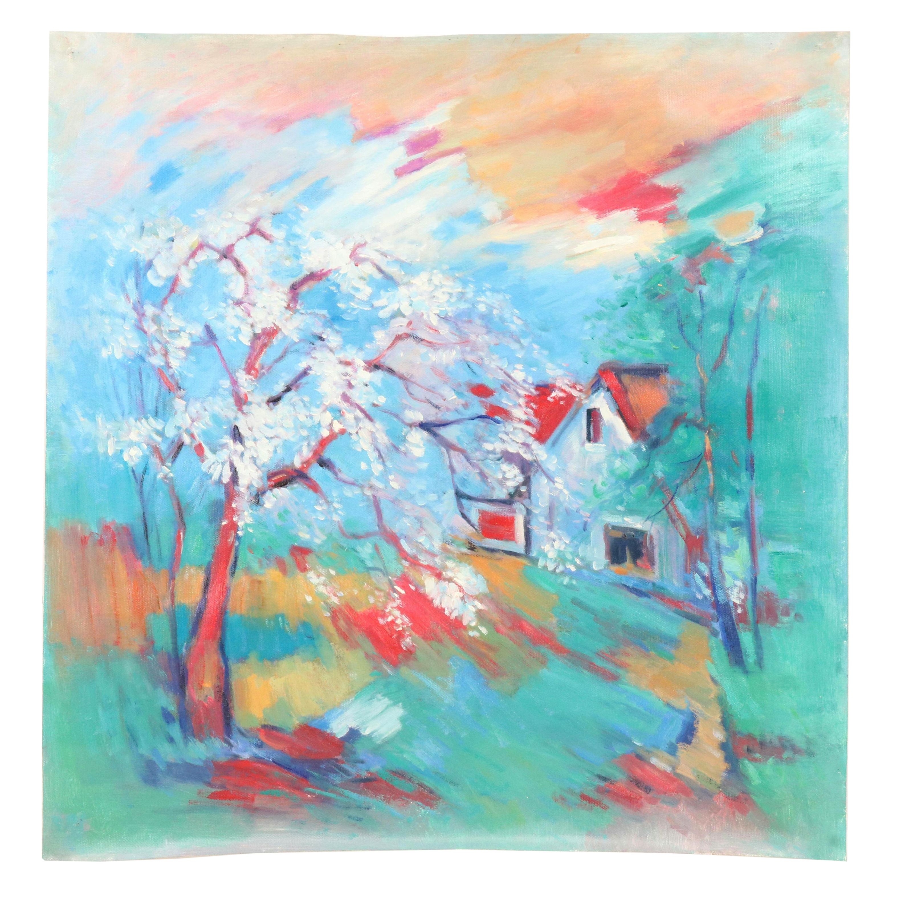 N. Ming Fauvist Inspired Oil Painting of Blossoming Tree, 21st Century