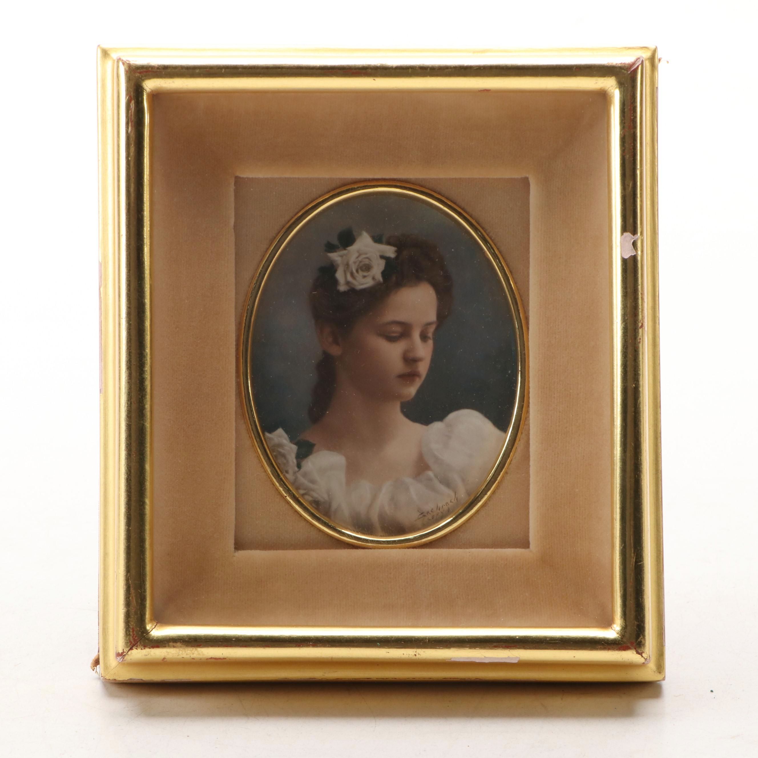 Hand-Painted Photograph of Young Lady in Velvet-Lined Frame After Bachrach