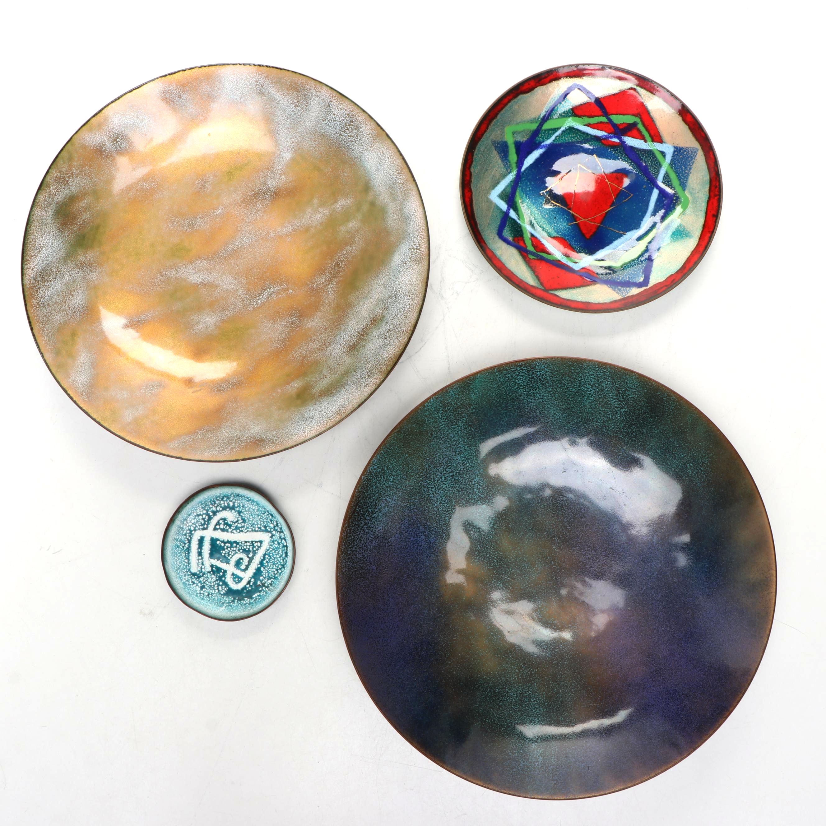Handcrafted Bovano Enamel Covered Metal Plates with Other Enamel Covered Plates