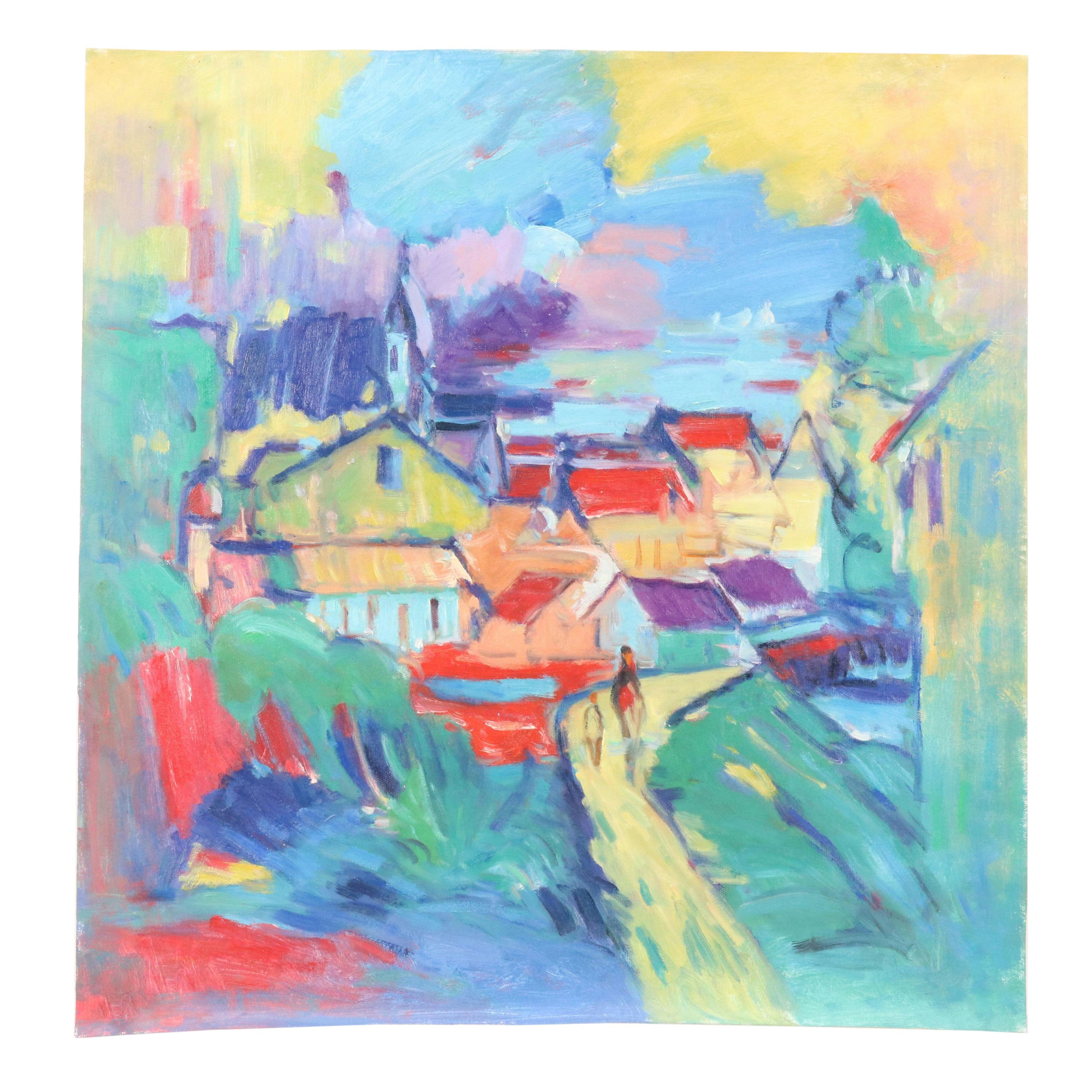 N. Ming Fauvist Inspired Oil Painting of Townscape, 21st Century